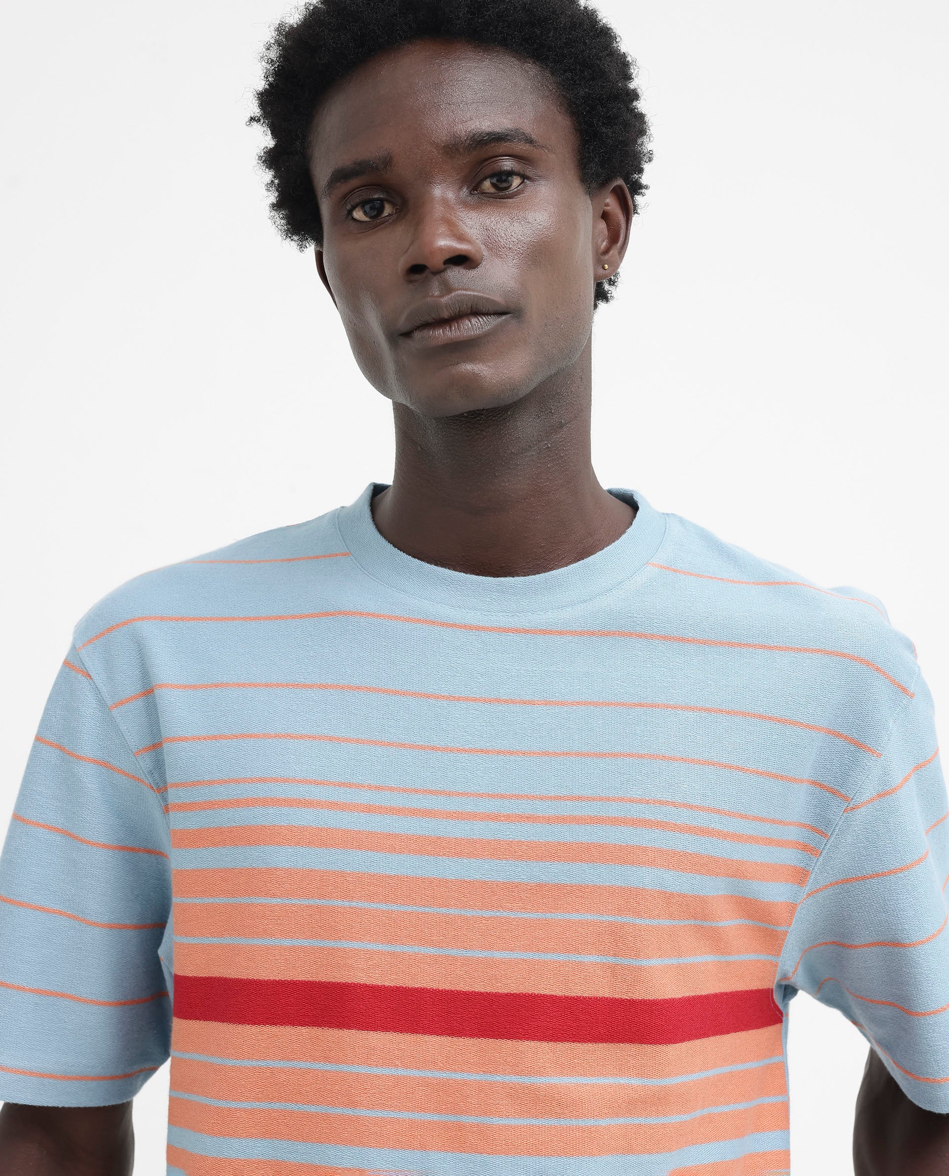 Rare Rabbit Mens Kot Dusky Blue Cotton Fabric Short Sleeves Oversized Fit Stripe T-Shirt