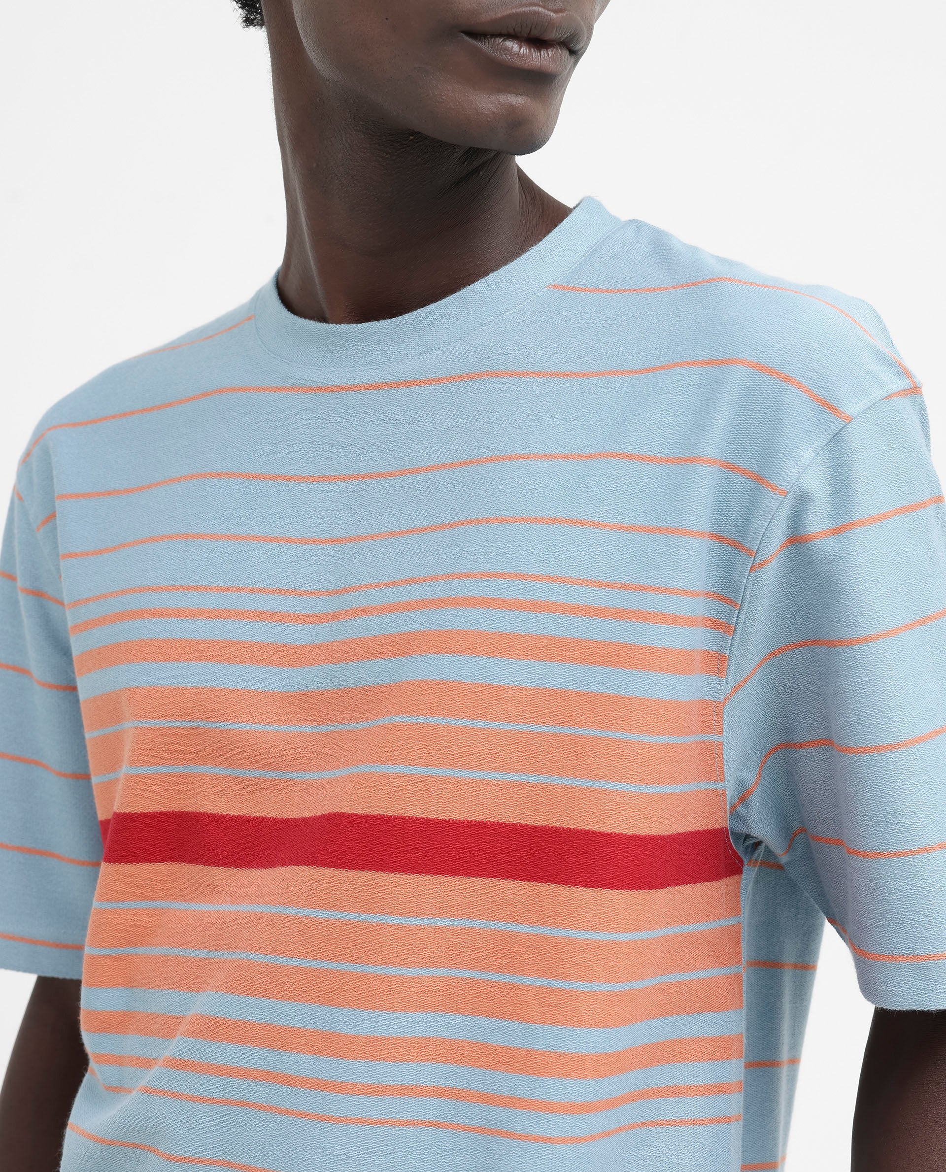 Rare Rabbit Mens Kot Dusky Blue Cotton Fabric Short Sleeves Oversized Fit Stripe T-Shirt