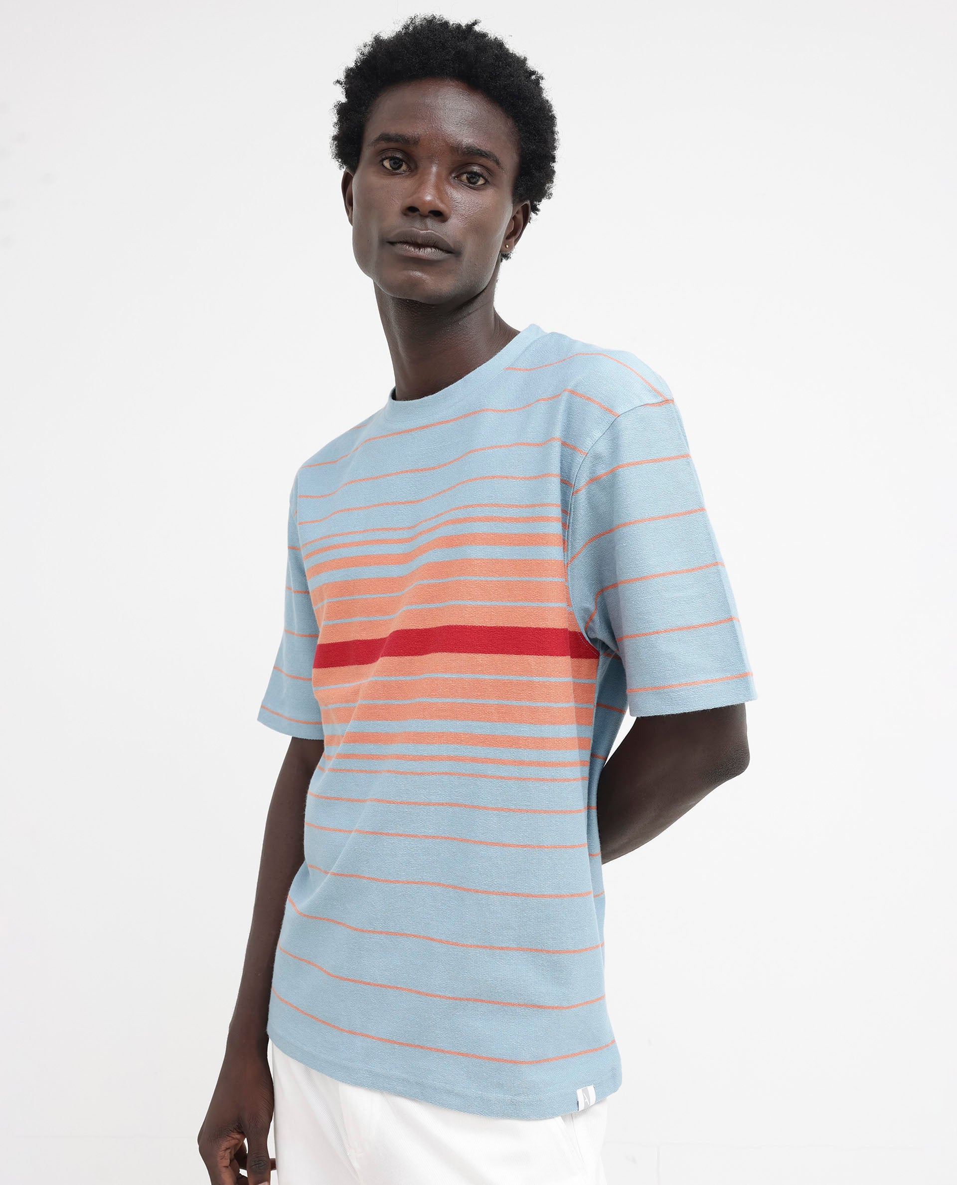 Rare Rabbit Mens Kot Dusky Blue Cotton Fabric Short Sleeves Oversized Fit Stripe T-Shirt