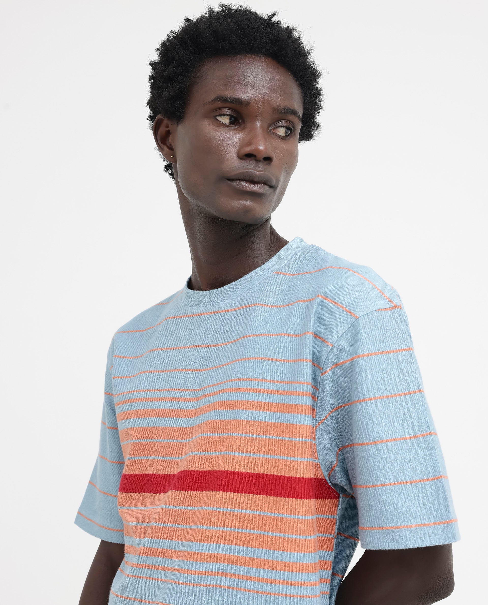 Rare Rabbit Mens Kot Dusky Blue Cotton Fabric Short Sleeves Oversized Fit Stripe T-Shirt