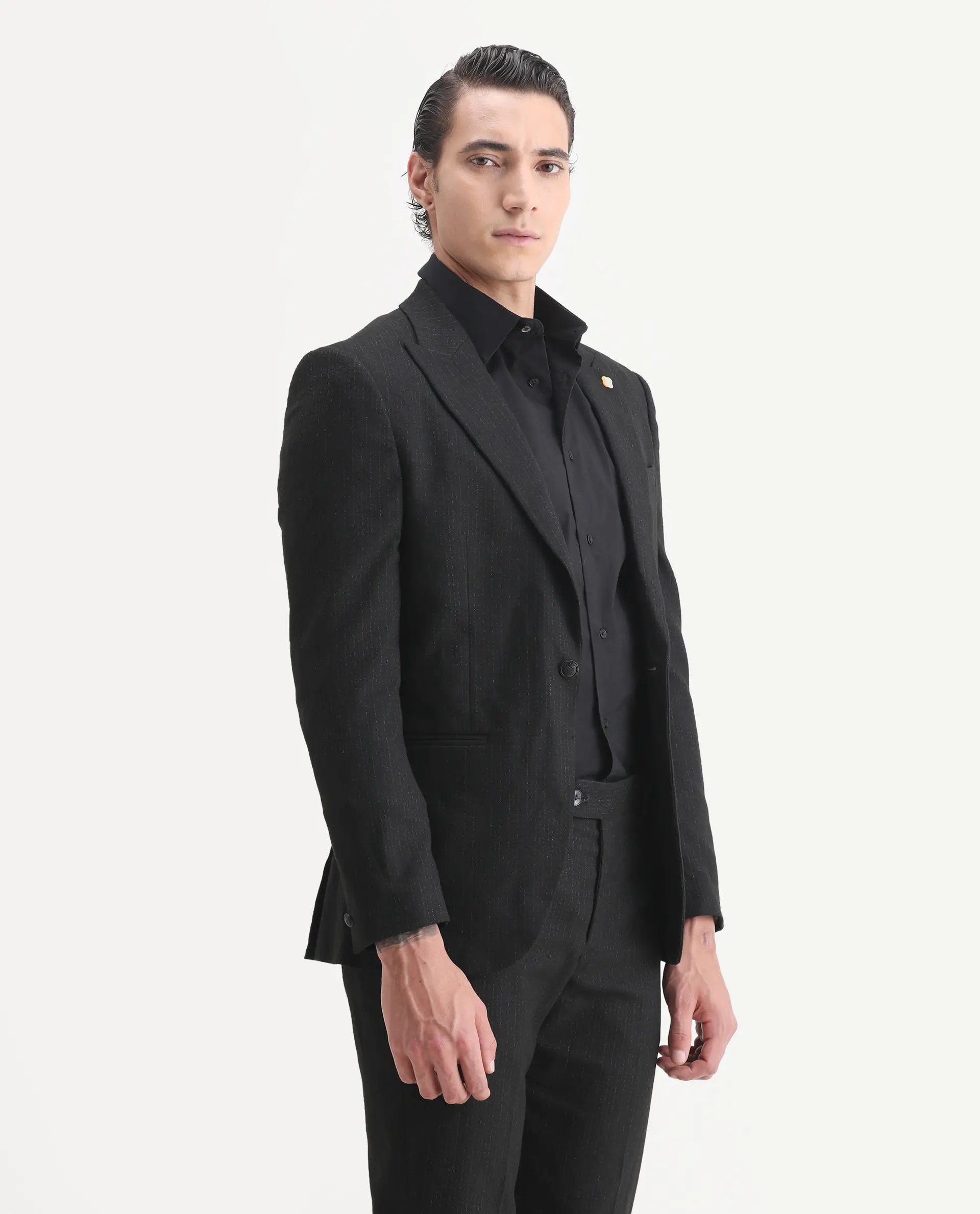 Rare Rabbit Men's Kove Black Polyester Striped Print Tailored Fit Full Sleeve Lapel Neck Suits