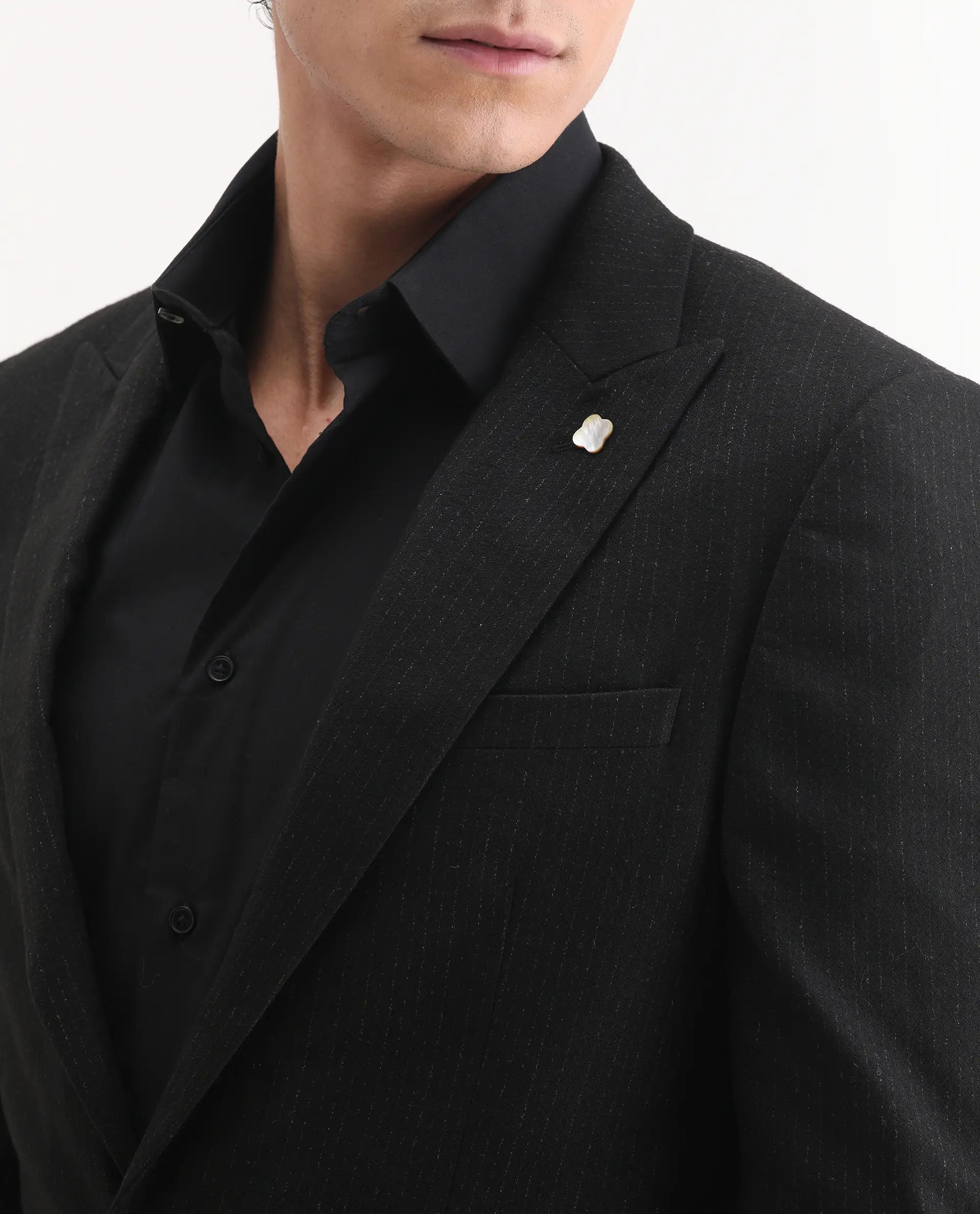 Rare Rabbit Men's Kove Black Polyester Striped Print Tailored Fit Full Sleeve Lapel Neck Suits