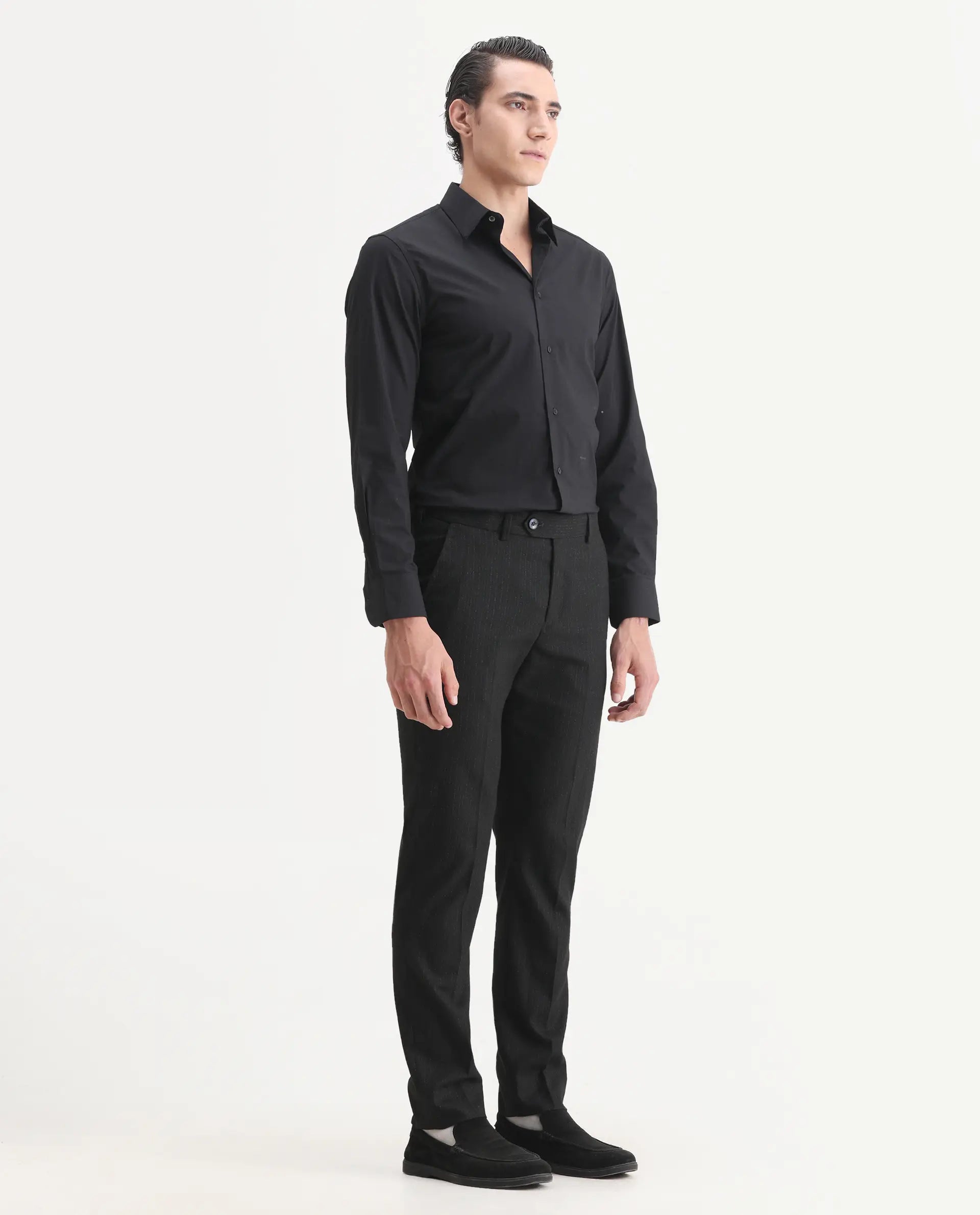 Rare Rabbit Men's Kove Black Polyester Striped Print Tailored Fit Full Sleeve Lapel Neck Suits