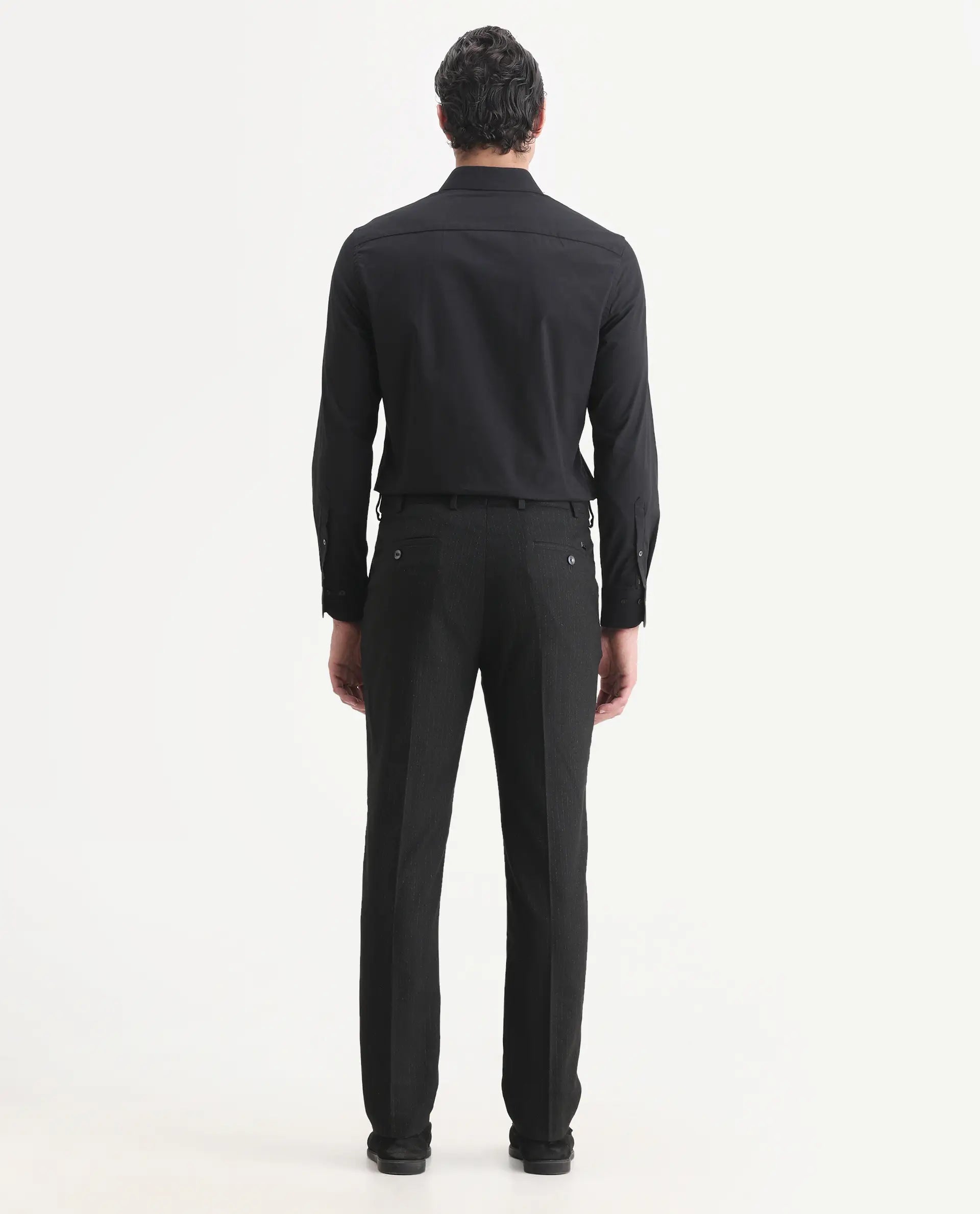 Rare Rabbit Men's Kove Black Polyester Striped Print Tailored Fit Full Sleeve Lapel Neck Suits