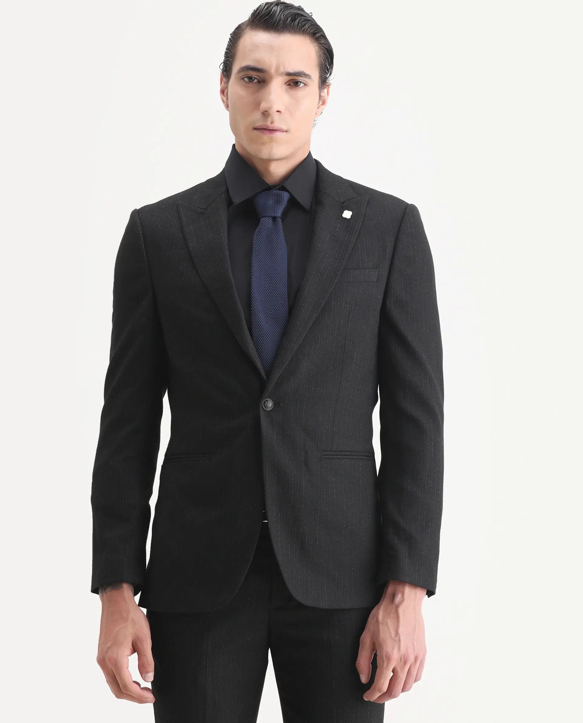 Rare Rabbit Men's Kove Black Polyester Striped Print Tailored Fit Full Sleeve Lapel Neck Suits