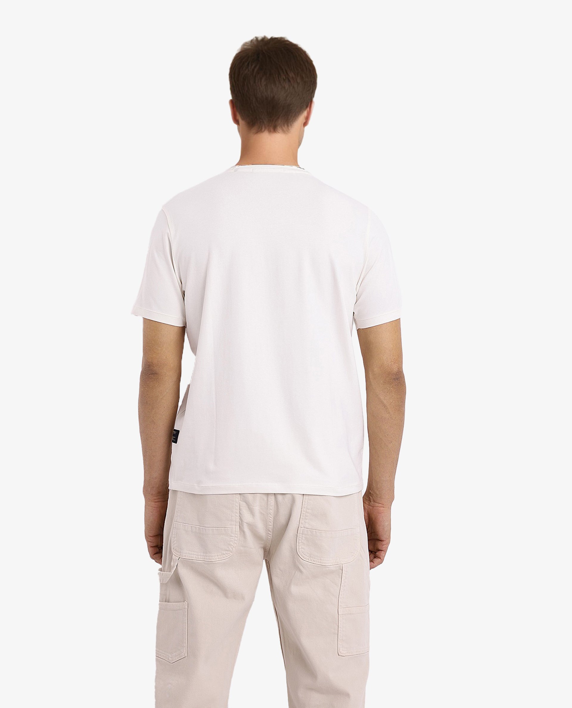 Rare Rabbit Men Kowl Off White Cotton Lycra Fabric Short Sleeve Crew Neck Regular Fit Graphic Print T-Shirt