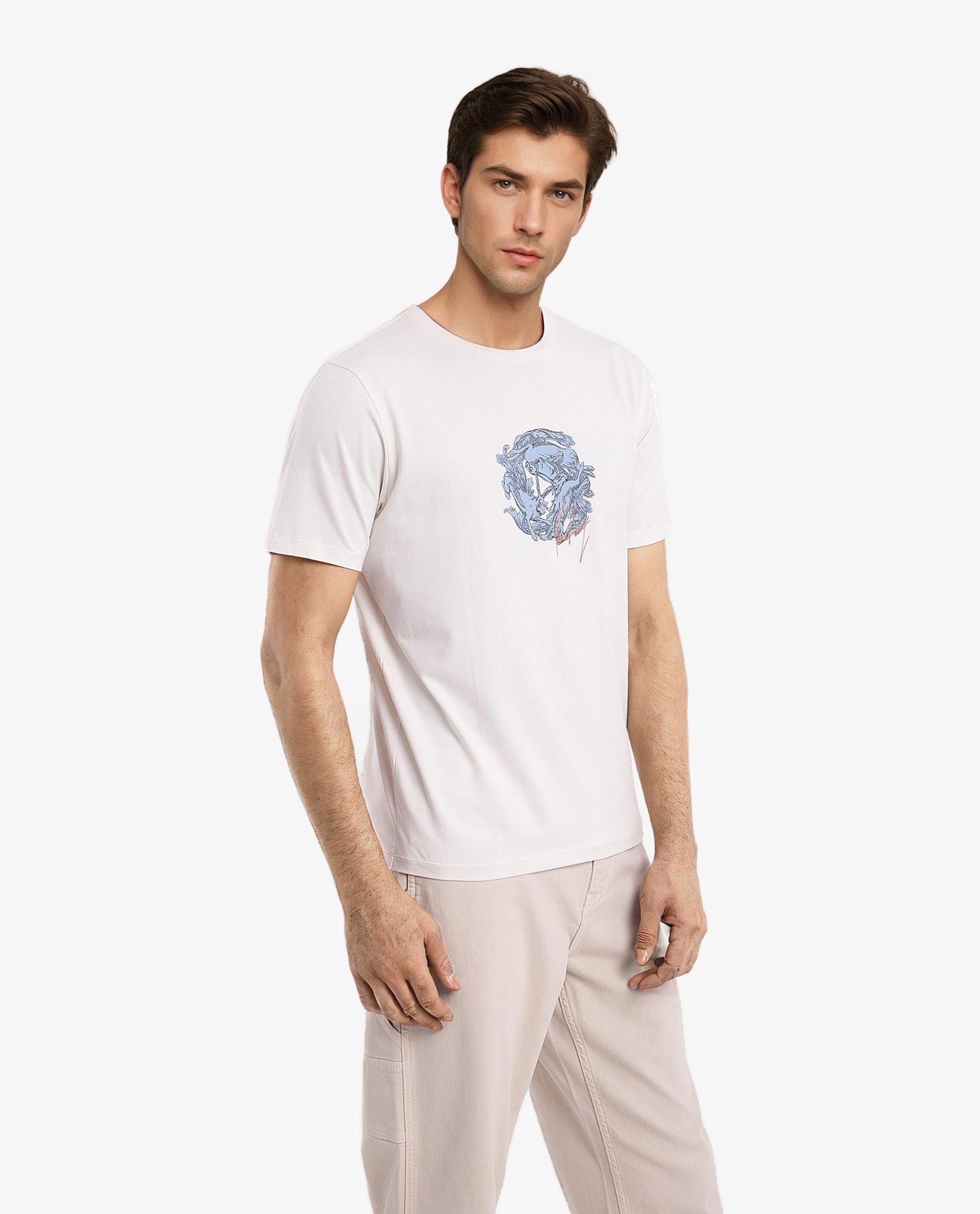 Rare Rabbit Men Kowl Off White Cotton Lycra Fabric Short Sleeve Crew Neck Regular Fit Graphic Print T-Shirt