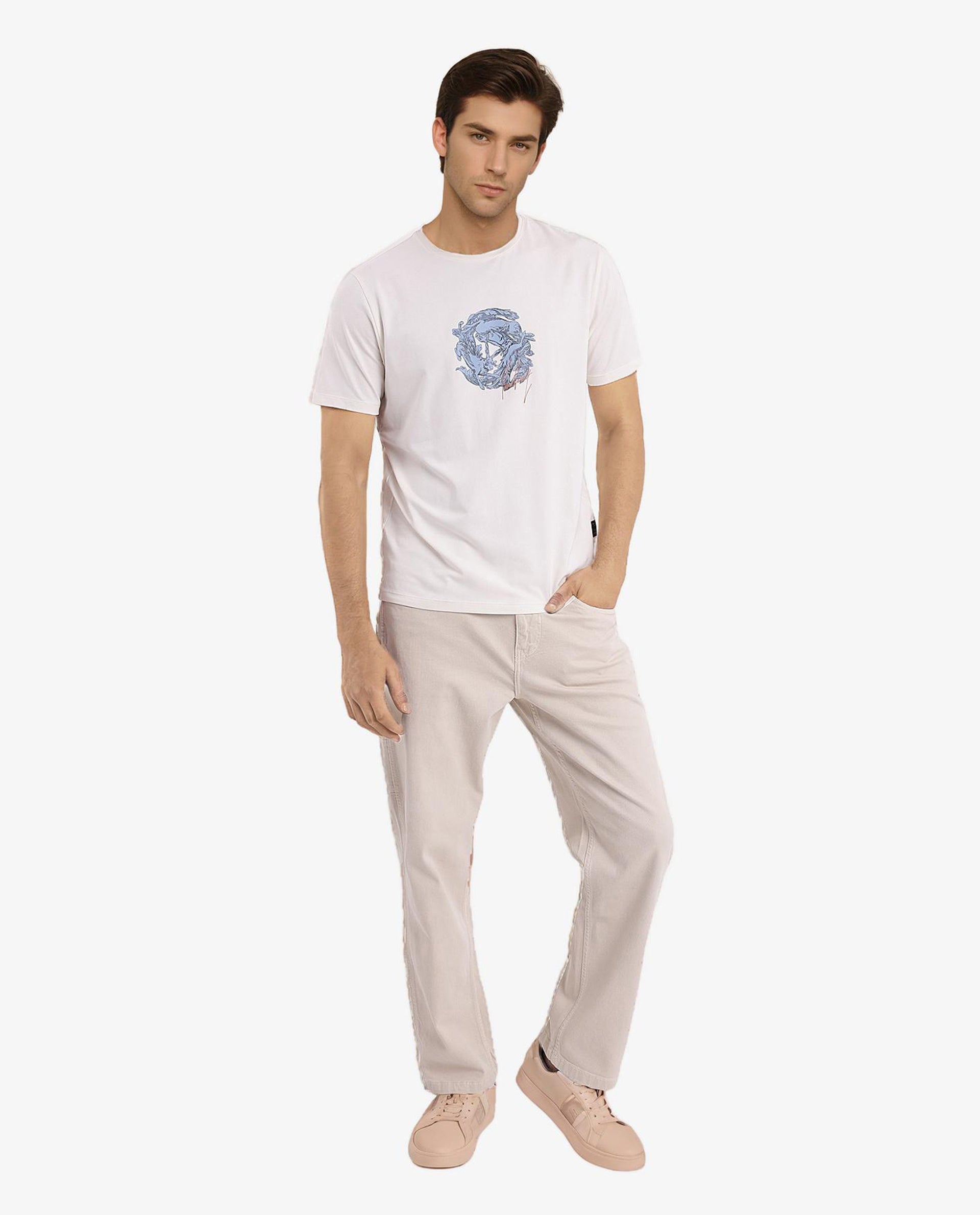 Rare Rabbit Men Kowl Off White Cotton Lycra Fabric Short Sleeve Crew Neck Regular Fit Graphic Print T-Shirt