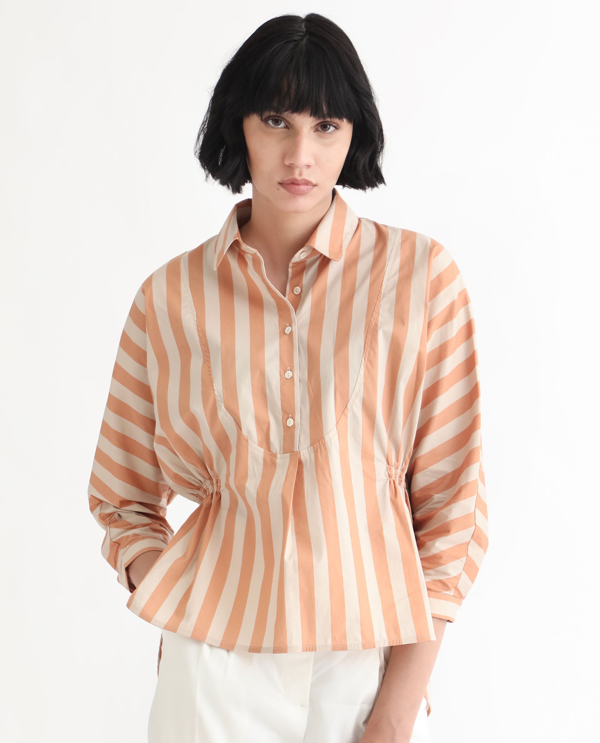 Rareism Women Kowski Dark Beige Cotton Lycra Fabric Regular Fit Shirt Collar Full Sleeves Striped Top