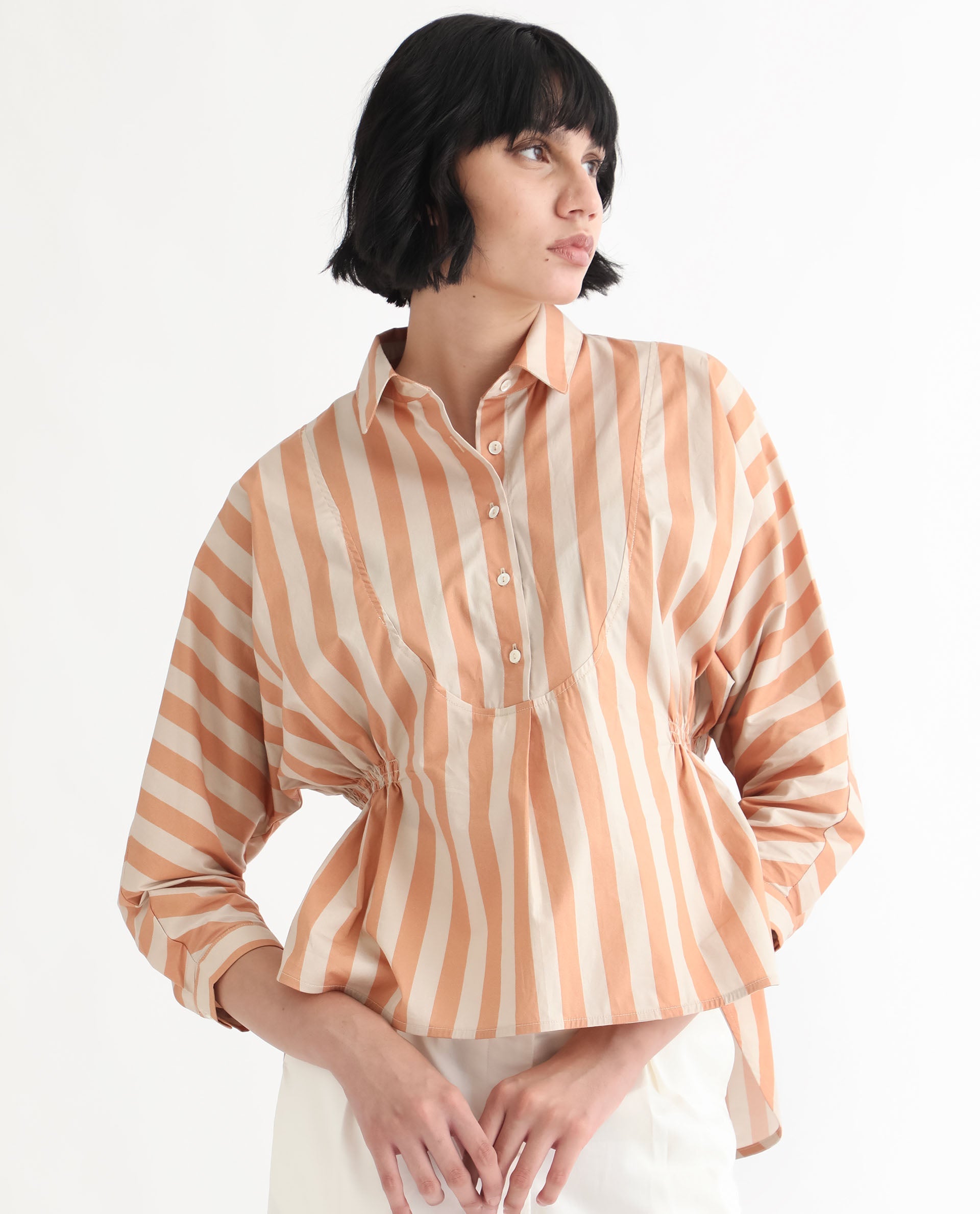 Rareism Women Kowski Dark Beige Cotton Lycra Fabric Regular Fit Shirt Collar Full Sleeves Striped Top