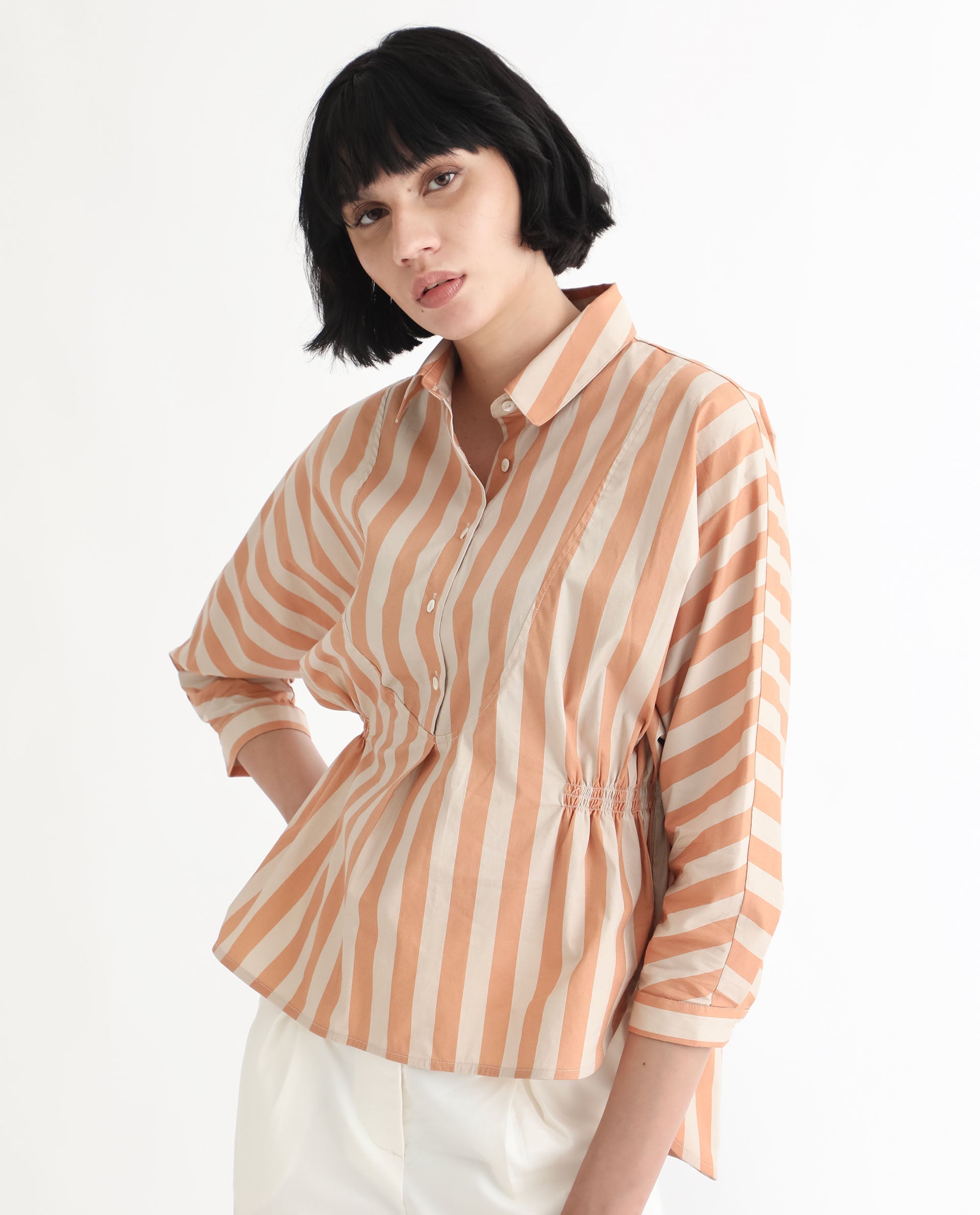 Rareism Women Kowski Dark Beige Cotton Lycra Fabric Regular Fit Shirt Collar Full Sleeves Striped Top