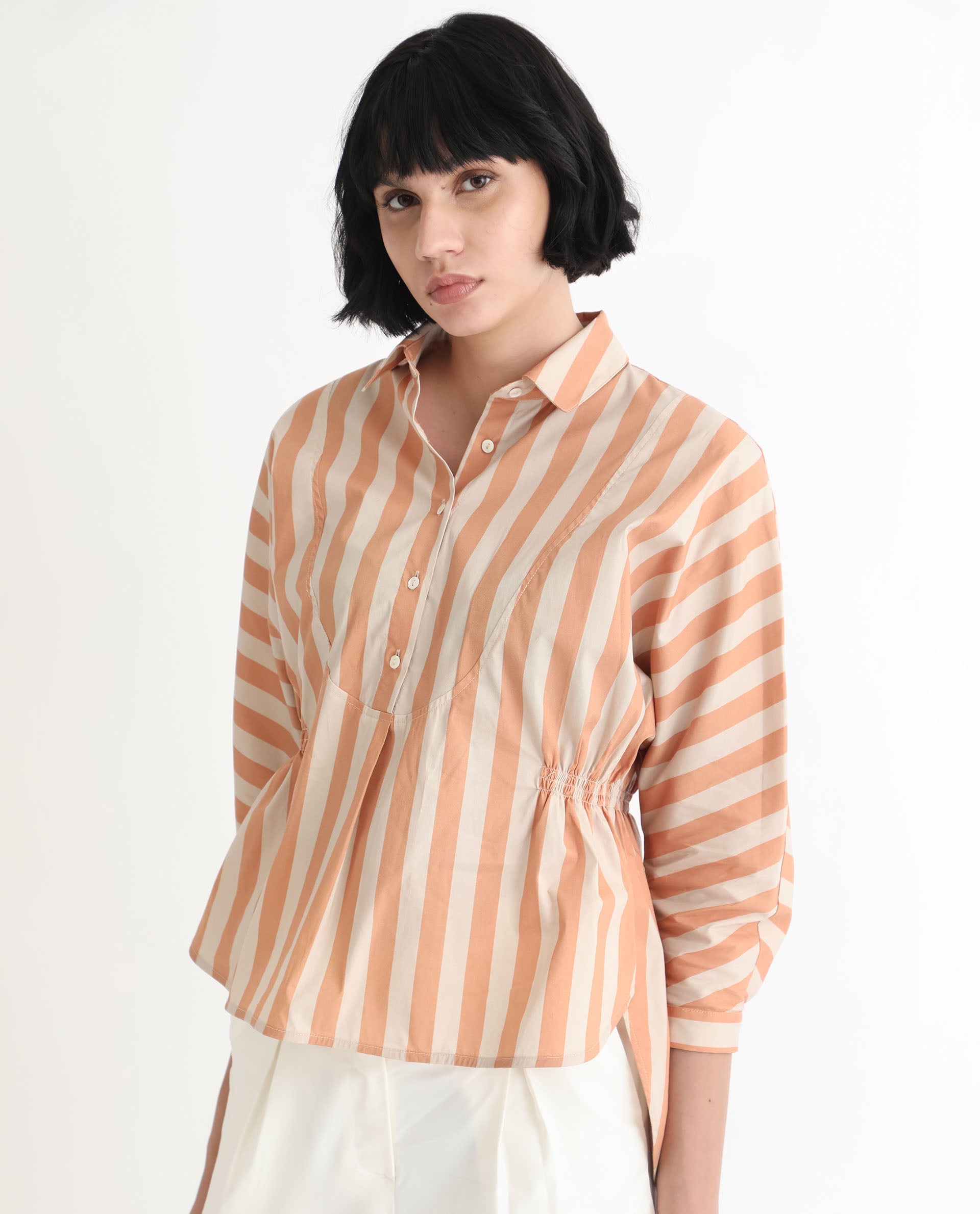 Rareism Women Kowski Dark Beige Cotton Lycra Fabric Regular Fit Shirt Collar Full Sleeves Striped Top