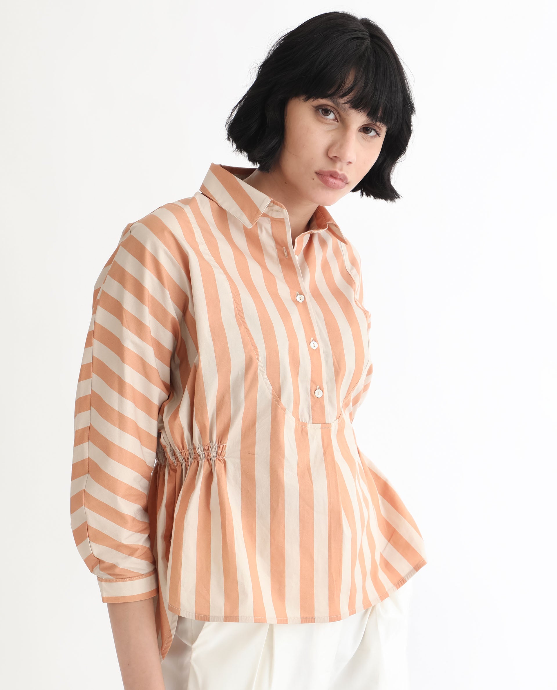 Rareism Women Kowski Dark Beige Cotton Lycra Fabric Regular Fit Shirt Collar Full Sleeves Striped Top