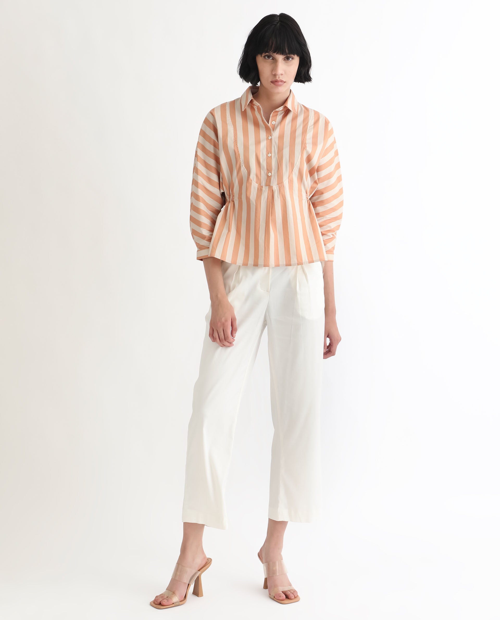 Rareism Women Kowski Dark Beige Cotton Lycra Fabric Regular Fit Shirt Collar Full Sleeves Striped Top