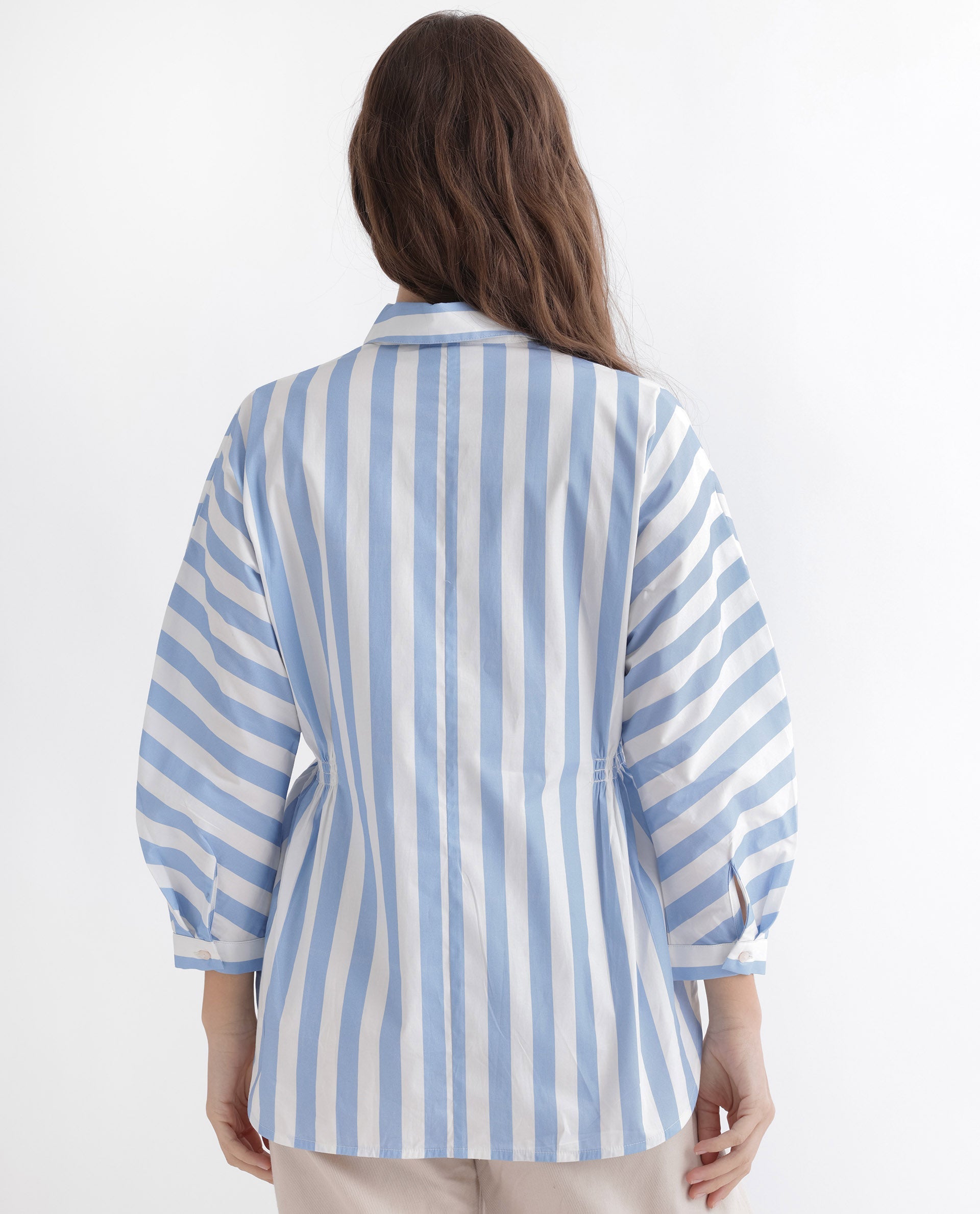 Rareism Women Kowski Blue Cotton Lycra Fabric Regular Fit Shirt Collar Full Sleeves Striped Top