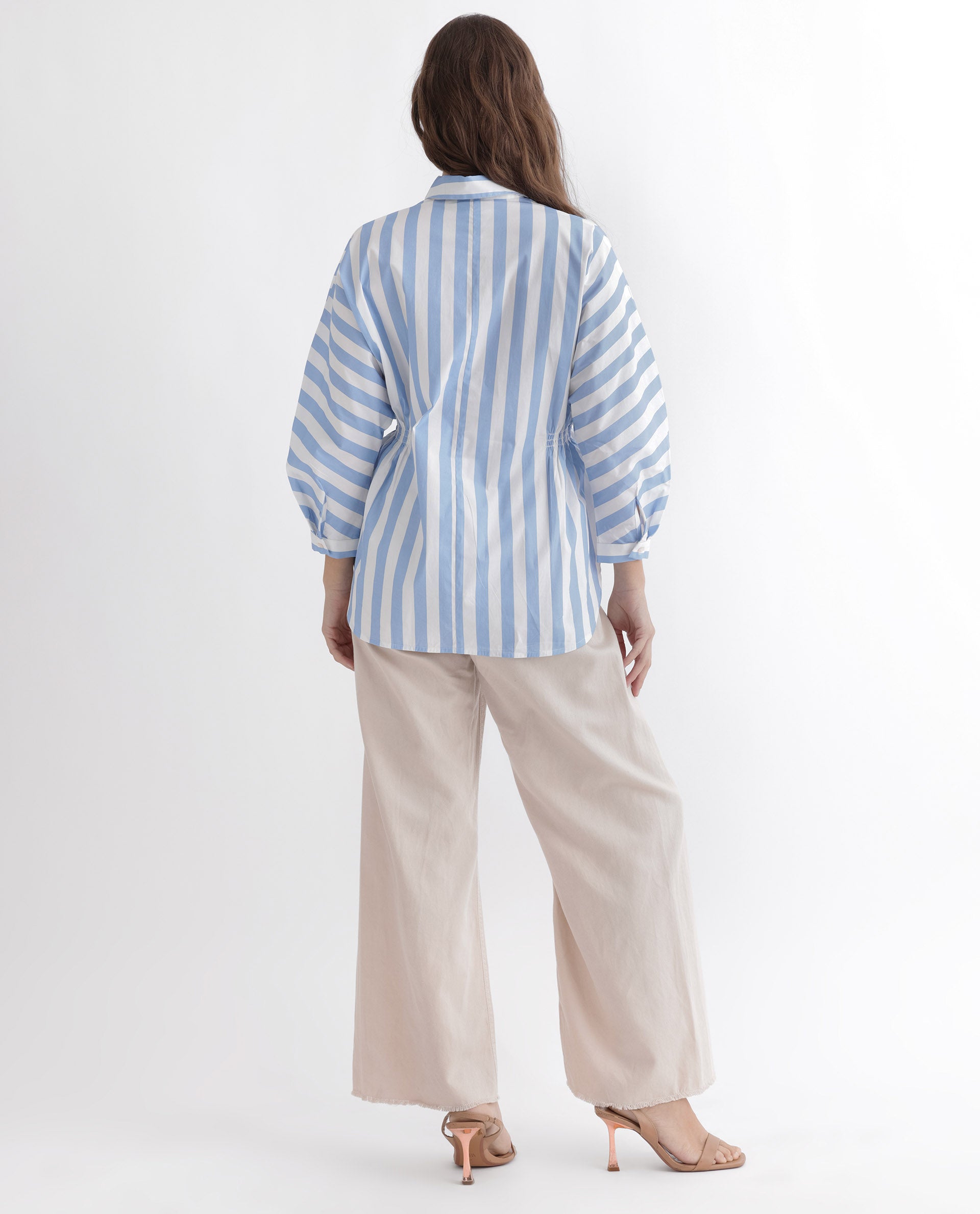 Rareism Women Kowski Blue Cotton Lycra Fabric Regular Fit Shirt Collar Full Sleeves Striped Top