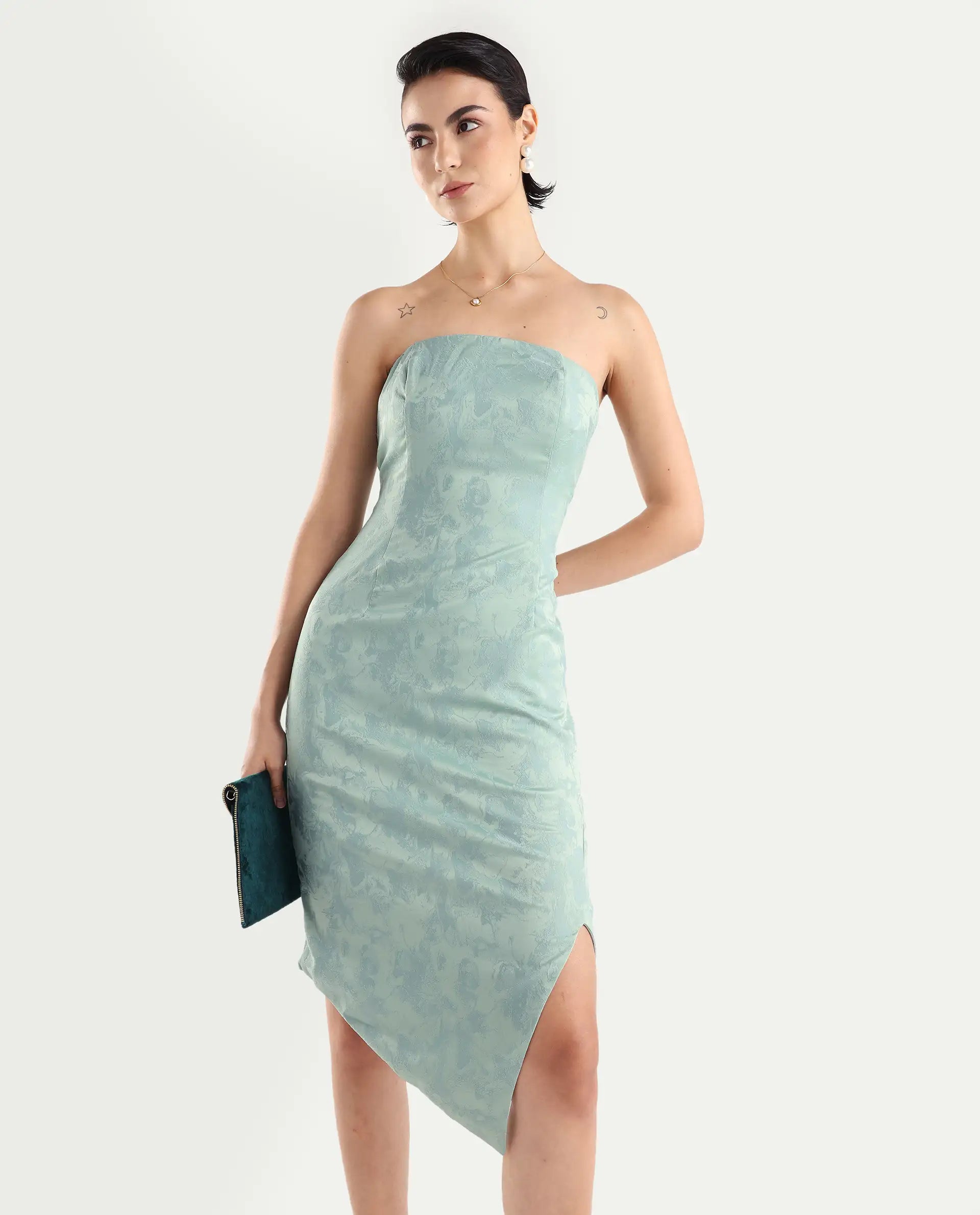 Rareism Women's Krakow Light Blue Polyester Shoulder Strap Plain Sleeveless Knee Length Bodycon Dress