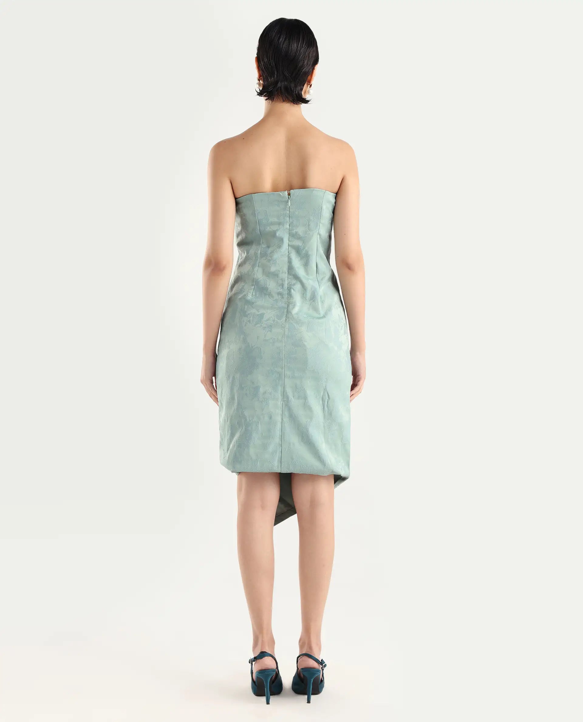 Rareism Women's Krakow Light Blue Polyester Shoulder Strap Plain Sleeveless Knee Length Bodycon Dress