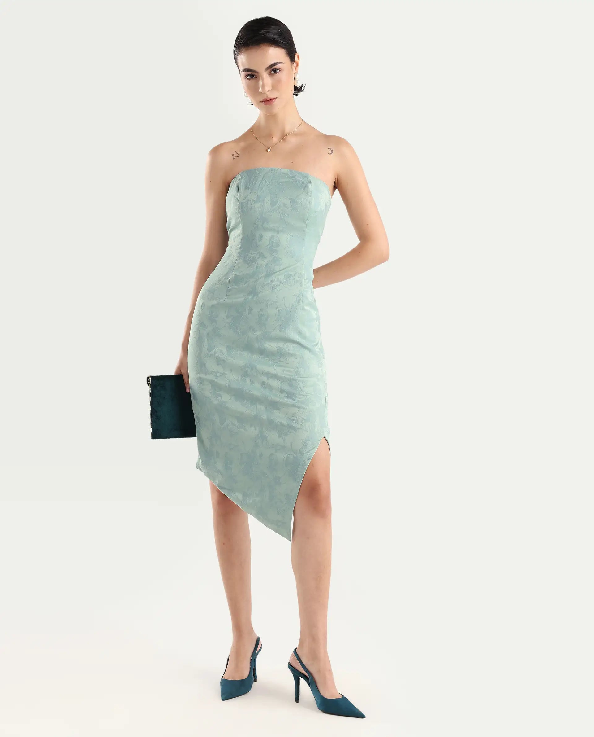 Rareism Women's Krakow Light Blue Polyester Shoulder Strap Plain Sleeveless Knee Length Bodycon Dress