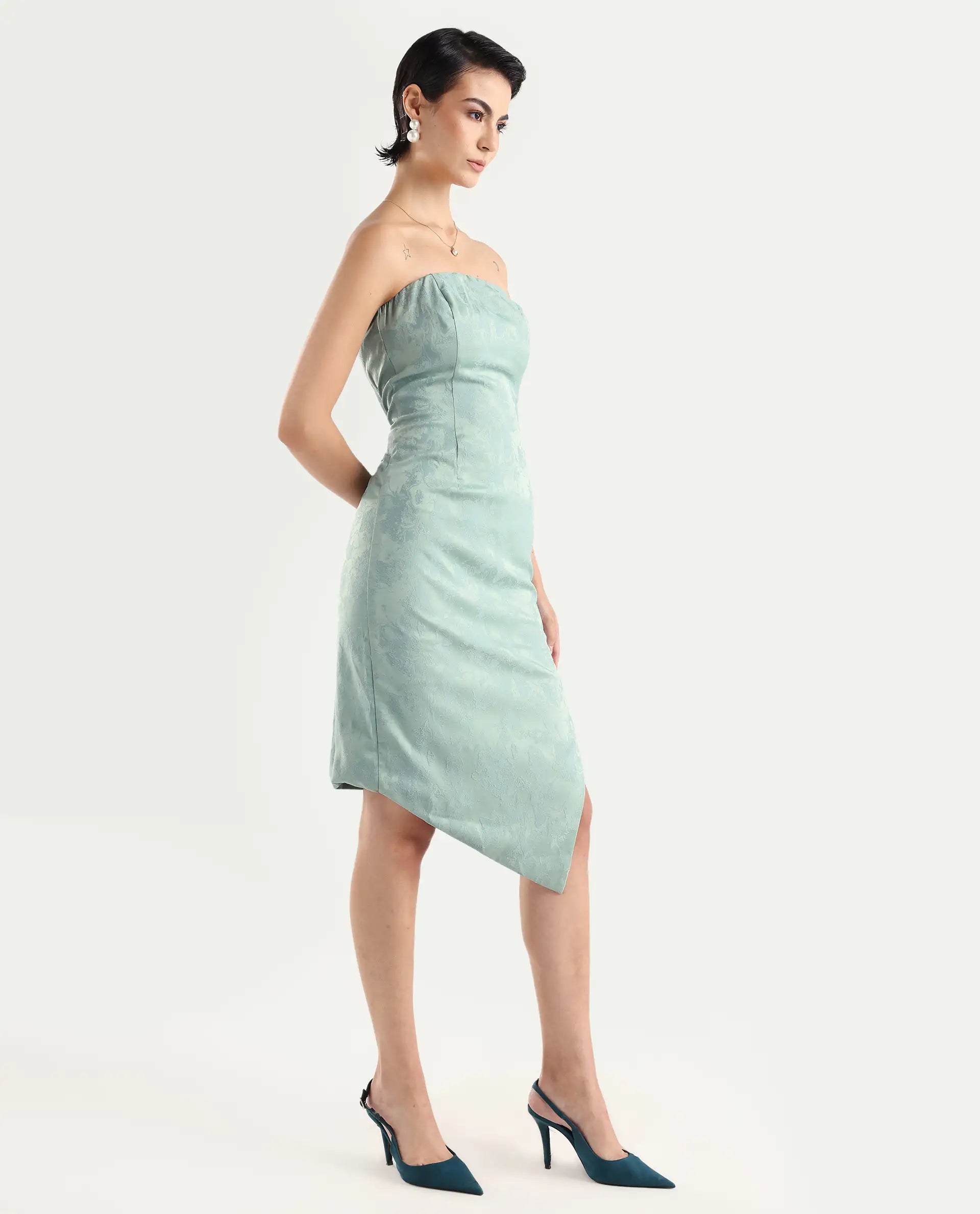 Rareism Women's Krakow Light Blue Polyester Shoulder Strap Plain Sleeveless Knee Length Bodycon Dress