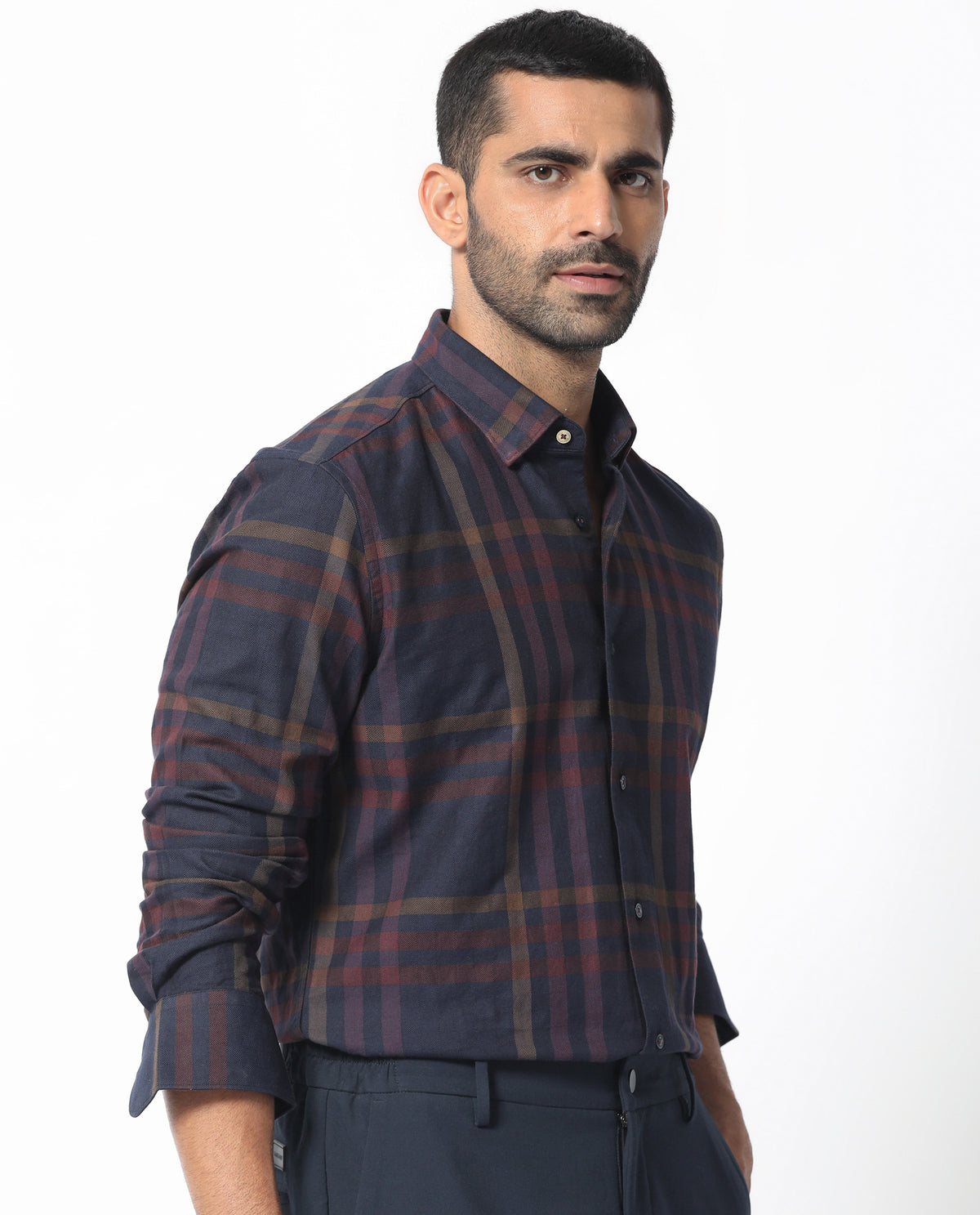 Rare Rabbit Men's Kram Navy Cotton Fabric Full Sleeves Checks Shirt
