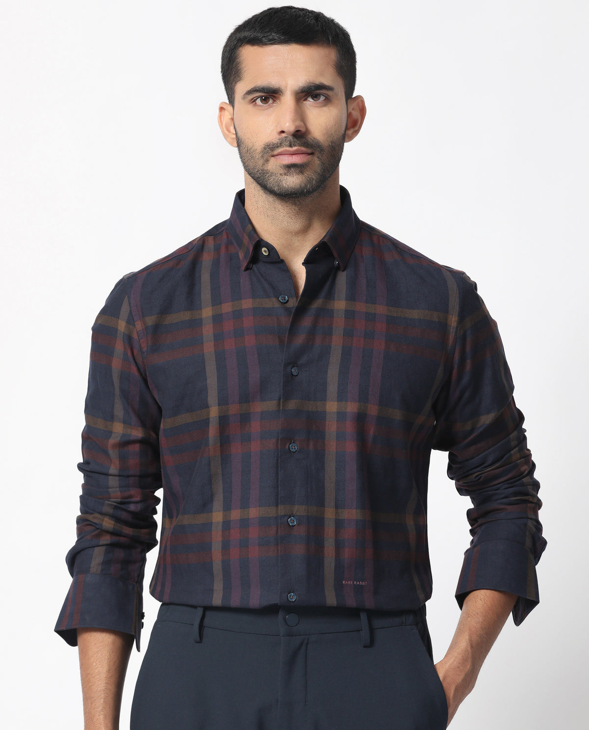 Rare Rabbit Men's Kram Navy Cotton Fabric Full Sleeves Checks Shirt