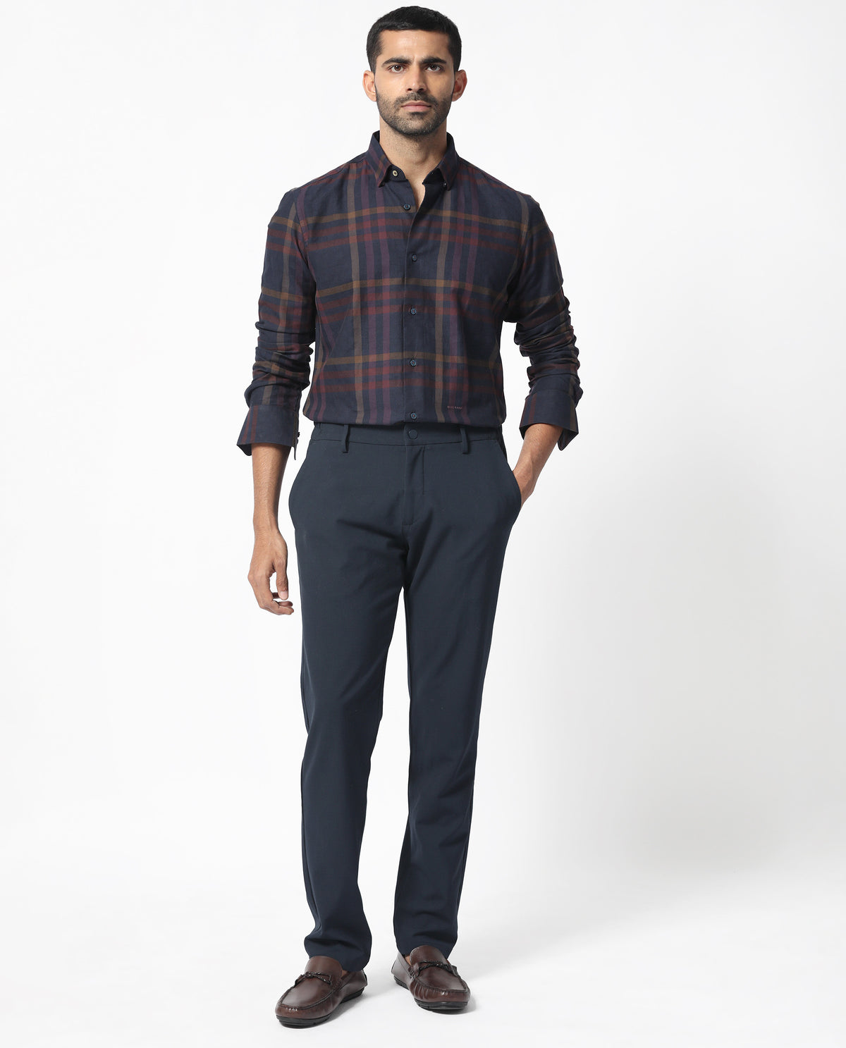 Rare Rabbit Men's Kram Navy Cotton Fabric Full Sleeves Checks Shirt