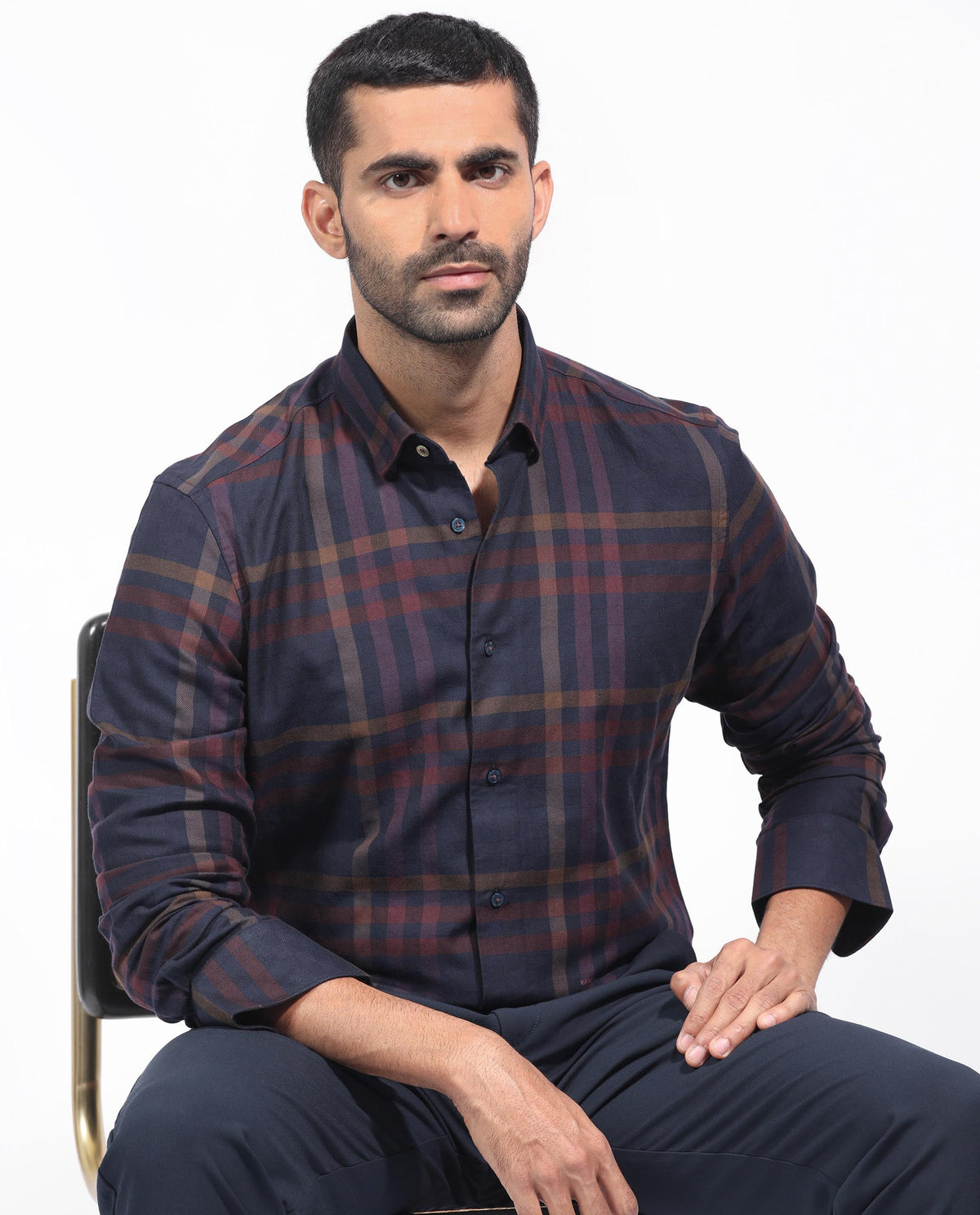 Rare Rabbit Men's Kram Navy Cotton Fabric Full Sleeves Checks Shirt
