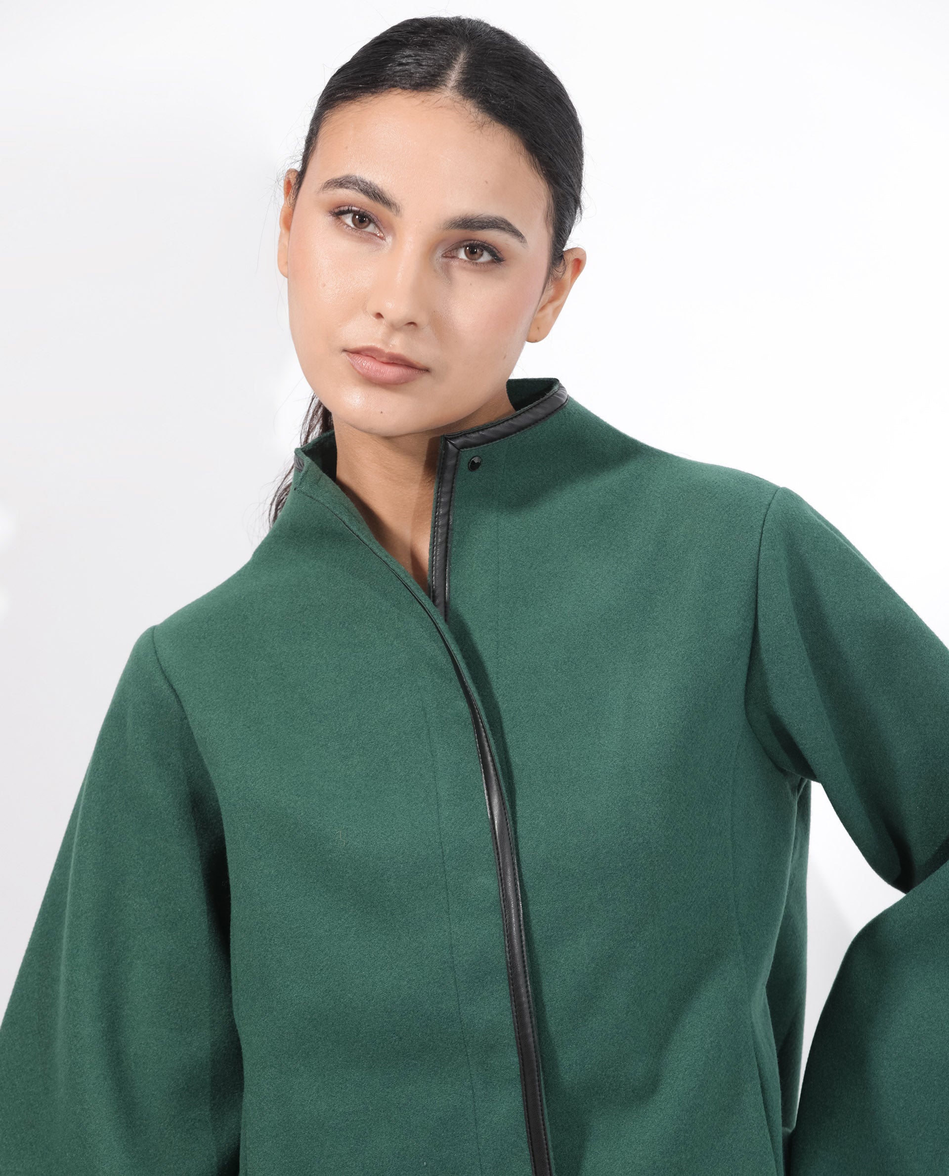 Rareism Women Kraus Green Polyester Fabric Full Sleeves Zip Closure High Neck Bell Sleeve Regular Fit Plain Jacket