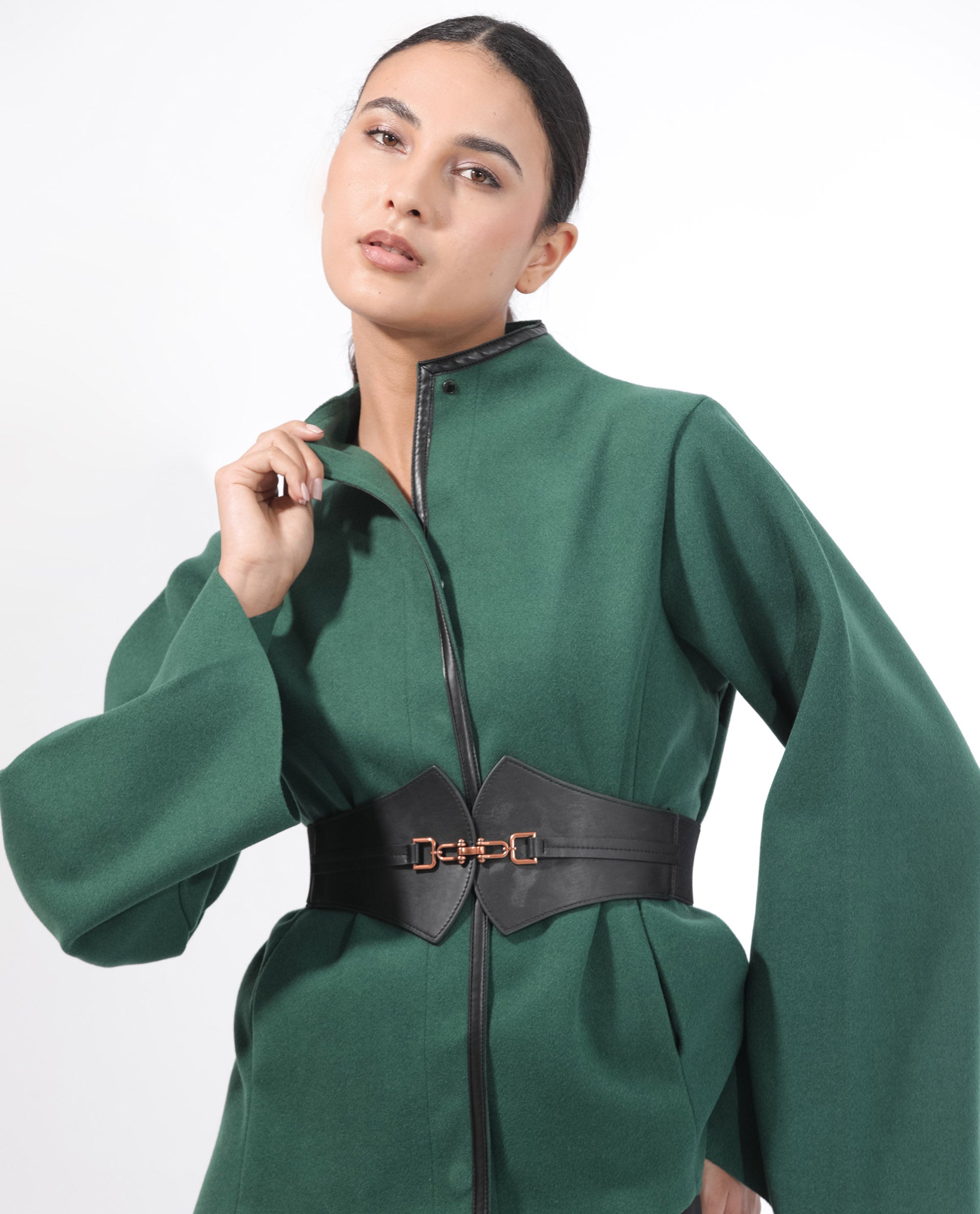 Rareism Women Kraus Green Polyester Fabric Full Sleeves Zip Closure High Neck Bell Sleeve Regular Fit Plain Jacket