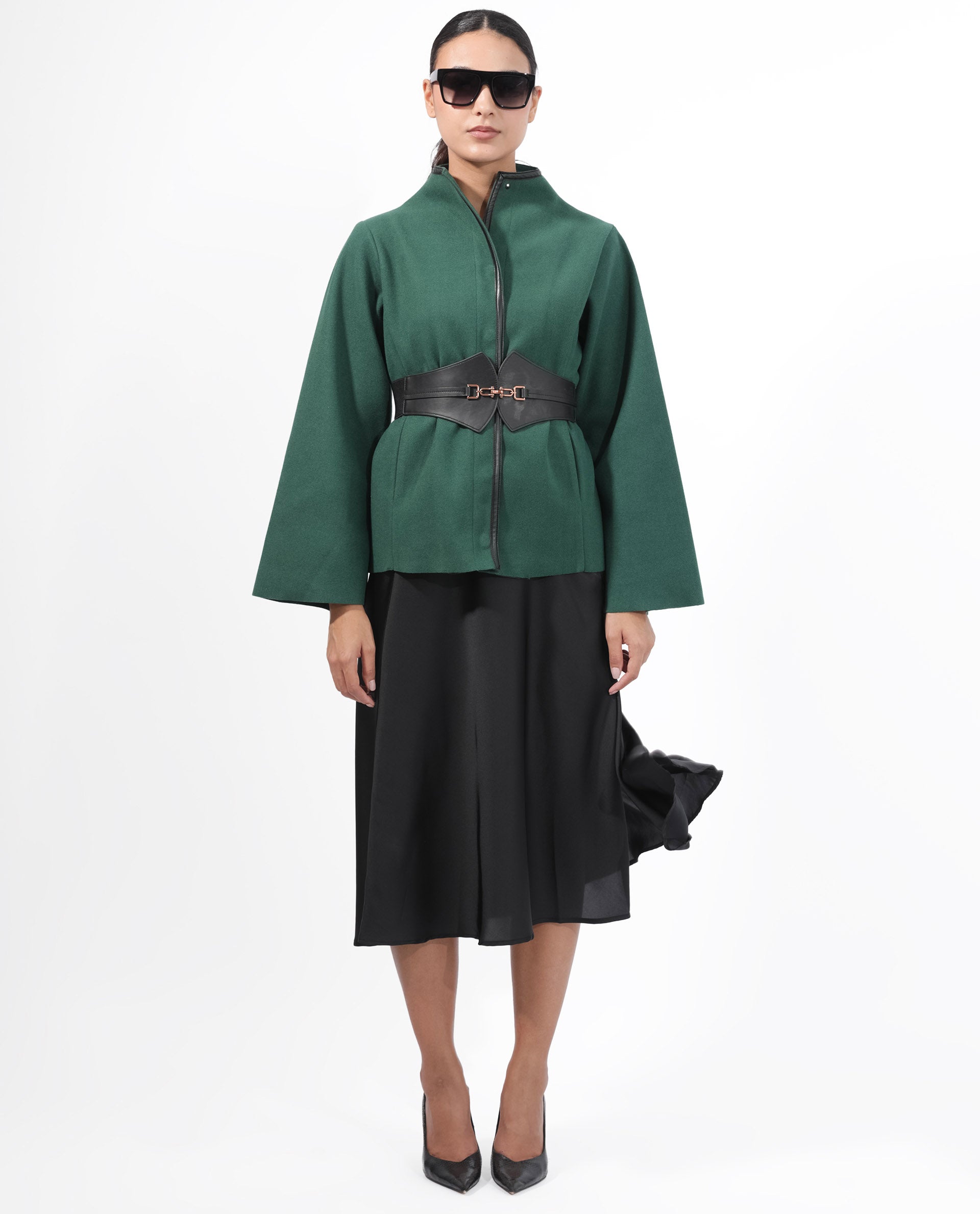 Rareism Women Kraus Green Polyester Fabric Full Sleeves Zip Closure High Neck Bell Sleeve Regular Fit Plain Jacket