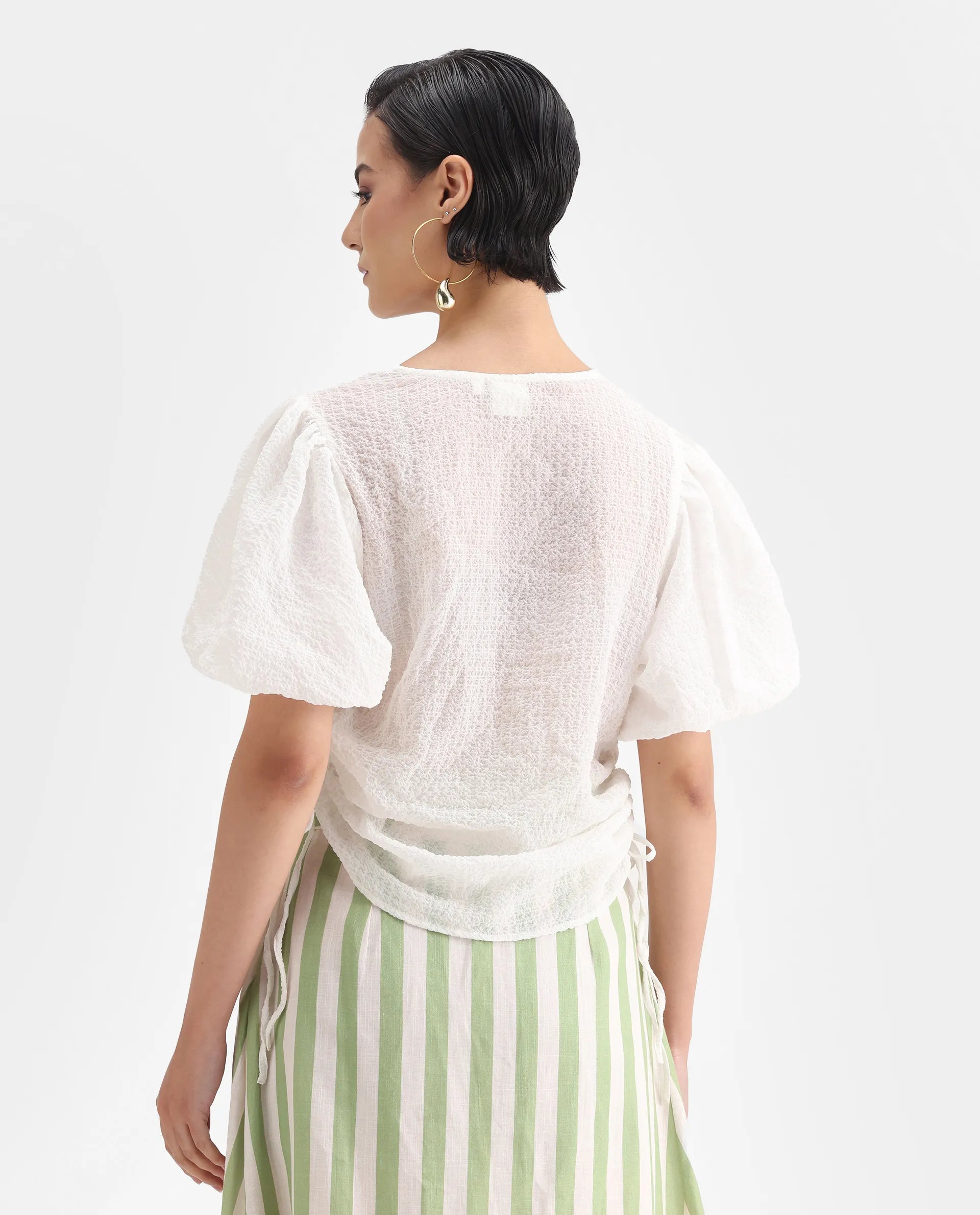 Rareism Women's Krien White Polyester V-Neck Plain Balloon Sleeve Regular Fit Top