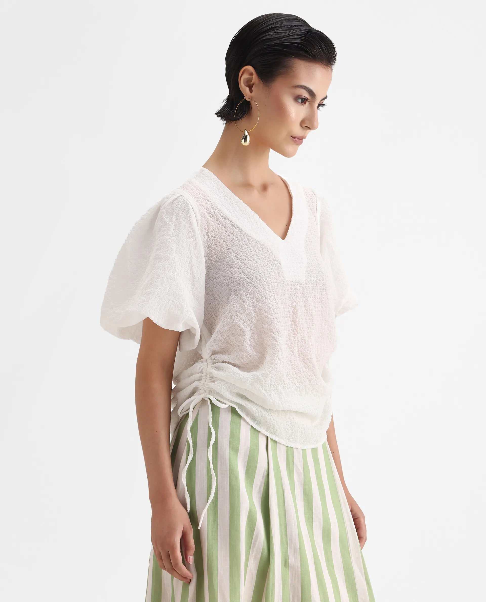 Rareism Women's Krien White Polyester V-Neck Plain Balloon Sleeve Regular Fit Top