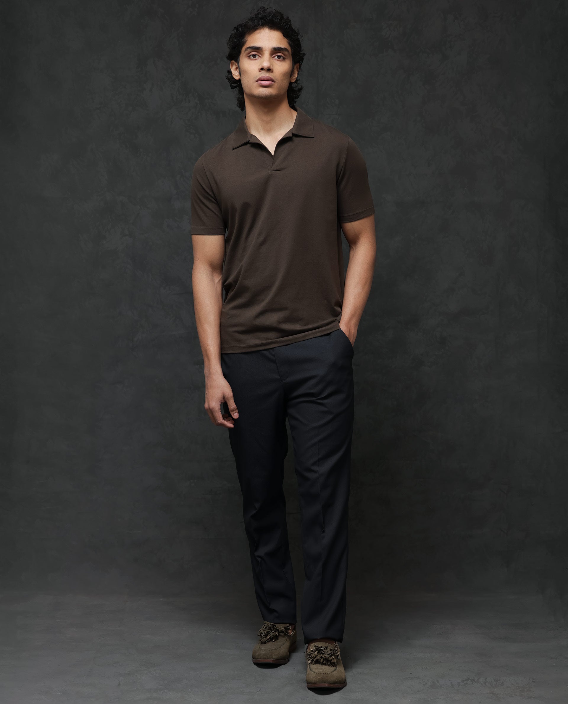 Rare Rabbit Mens Krib-2 Dark Olive Cotton Lycra Fabric Johnny Collar Half Sleeves Polo T-Shirt