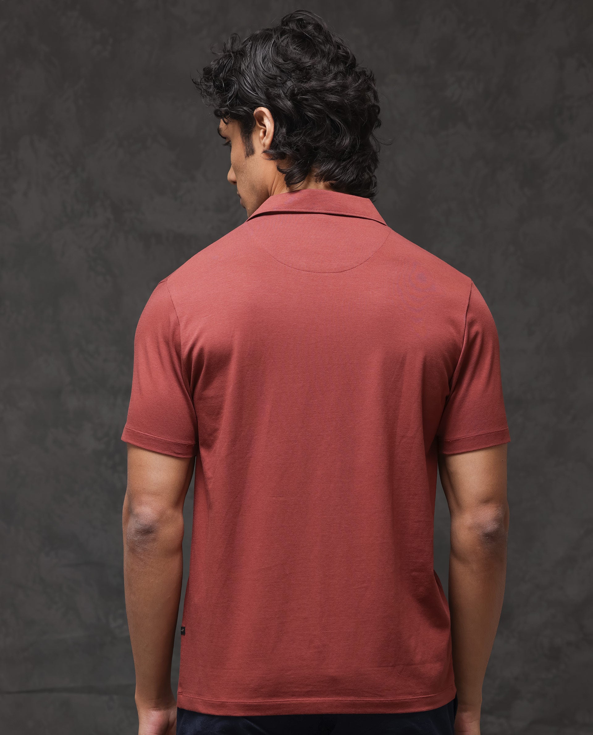 Rare Rabbit Mens Krib-2 Dusky Maroon Cotton Lycra Fabric Johnny Collar Half Sleeves Polo T-Shirt