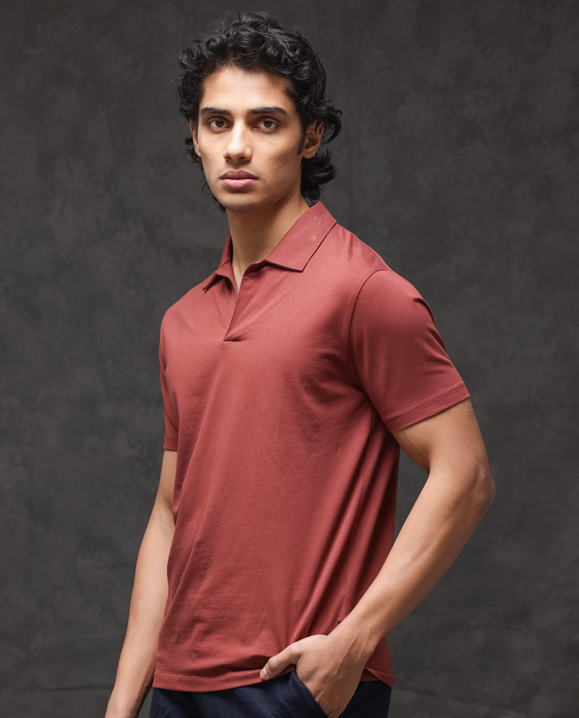 Rare Rabbit Mens Krib-2 Dusky Maroon Cotton Lycra Fabric Johnny Collar Half Sleeves Polo T-Shirt