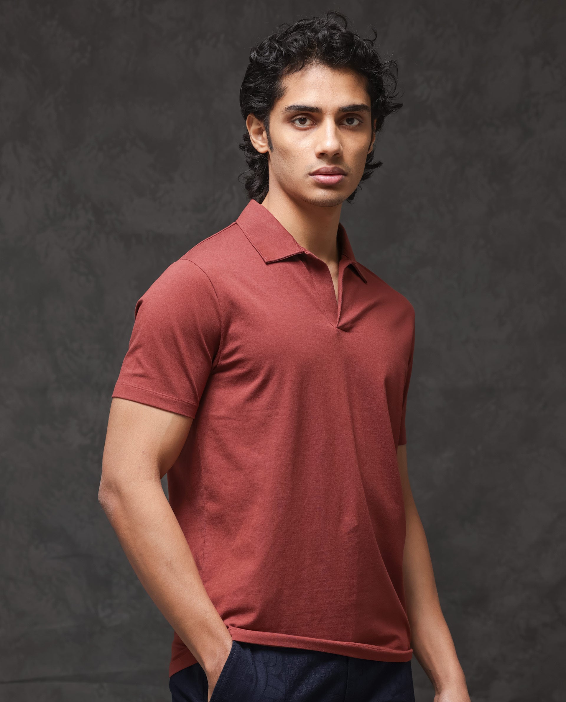 Rare Rabbit Mens Krib-2 Dusky Maroon Cotton Lycra Fabric Johnny Collar Half Sleeves Polo T-Shirt