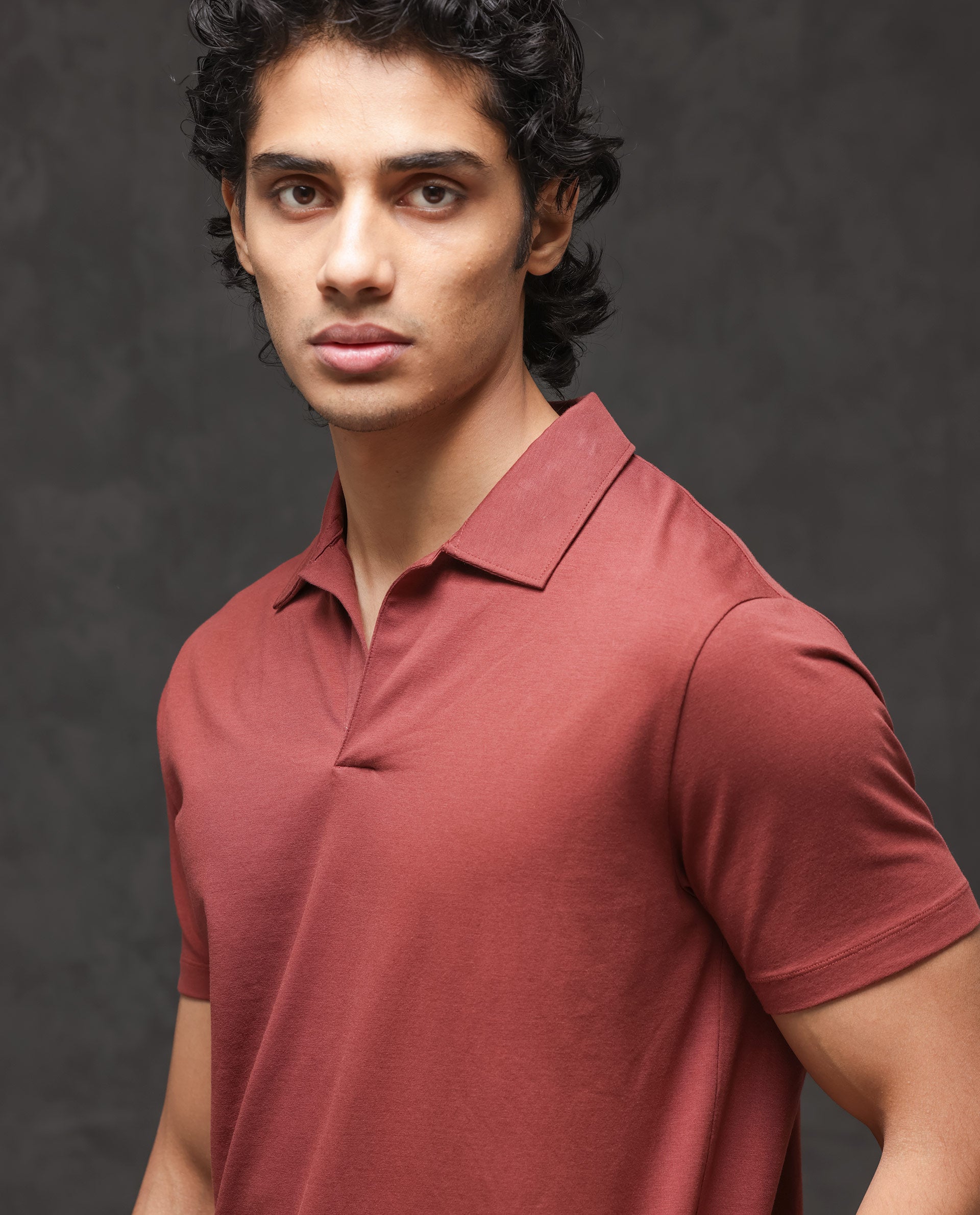 Rare Rabbit Mens Krib-2 Dusky Maroon Cotton Lycra Fabric Johnny Collar Half Sleeves Polo T-Shirt