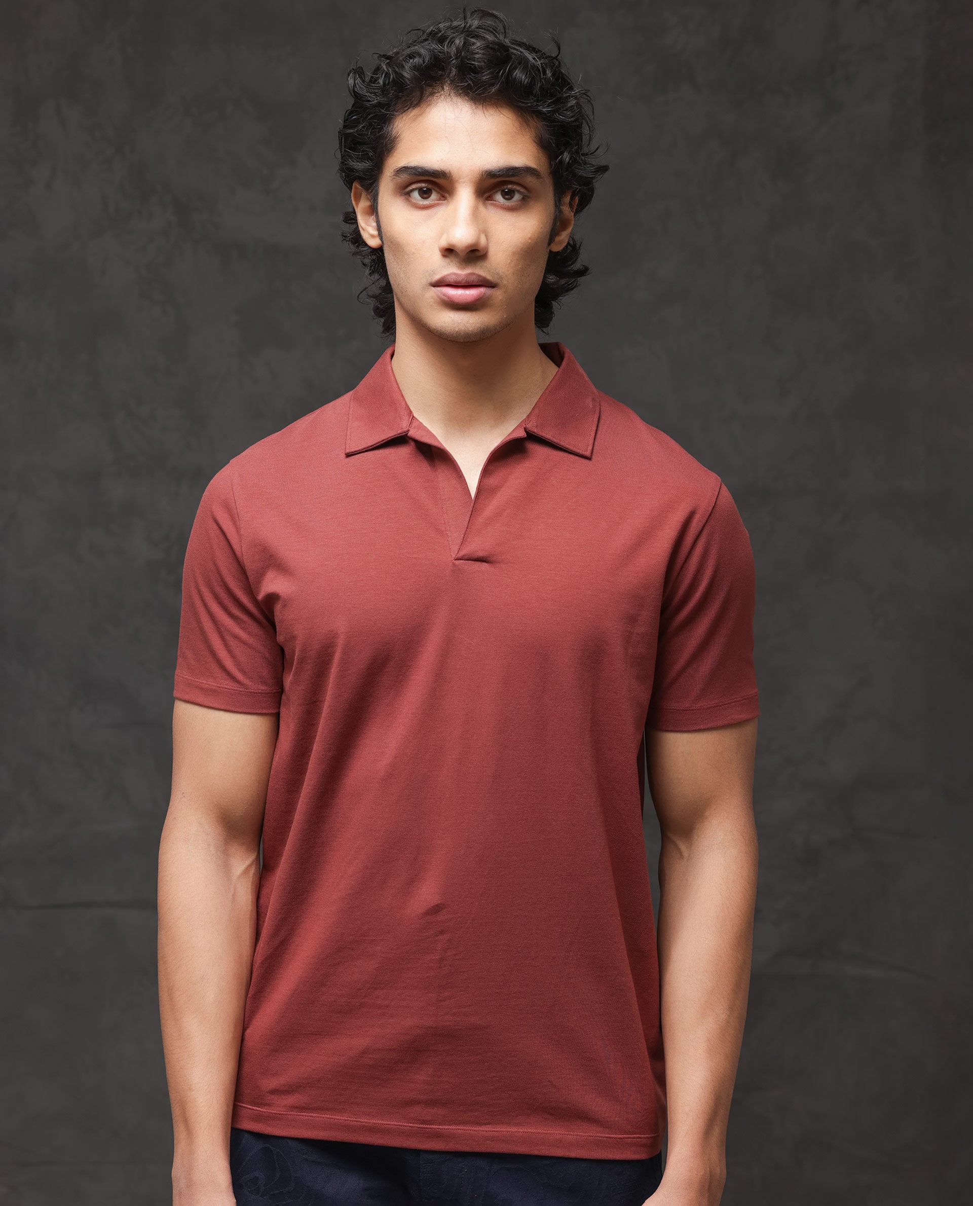 Rare Rabbit Mens Krib-2 Dusky Maroon Cotton Lycra Fabric Johnny Collar Half Sleeves Polo T-Shirt
