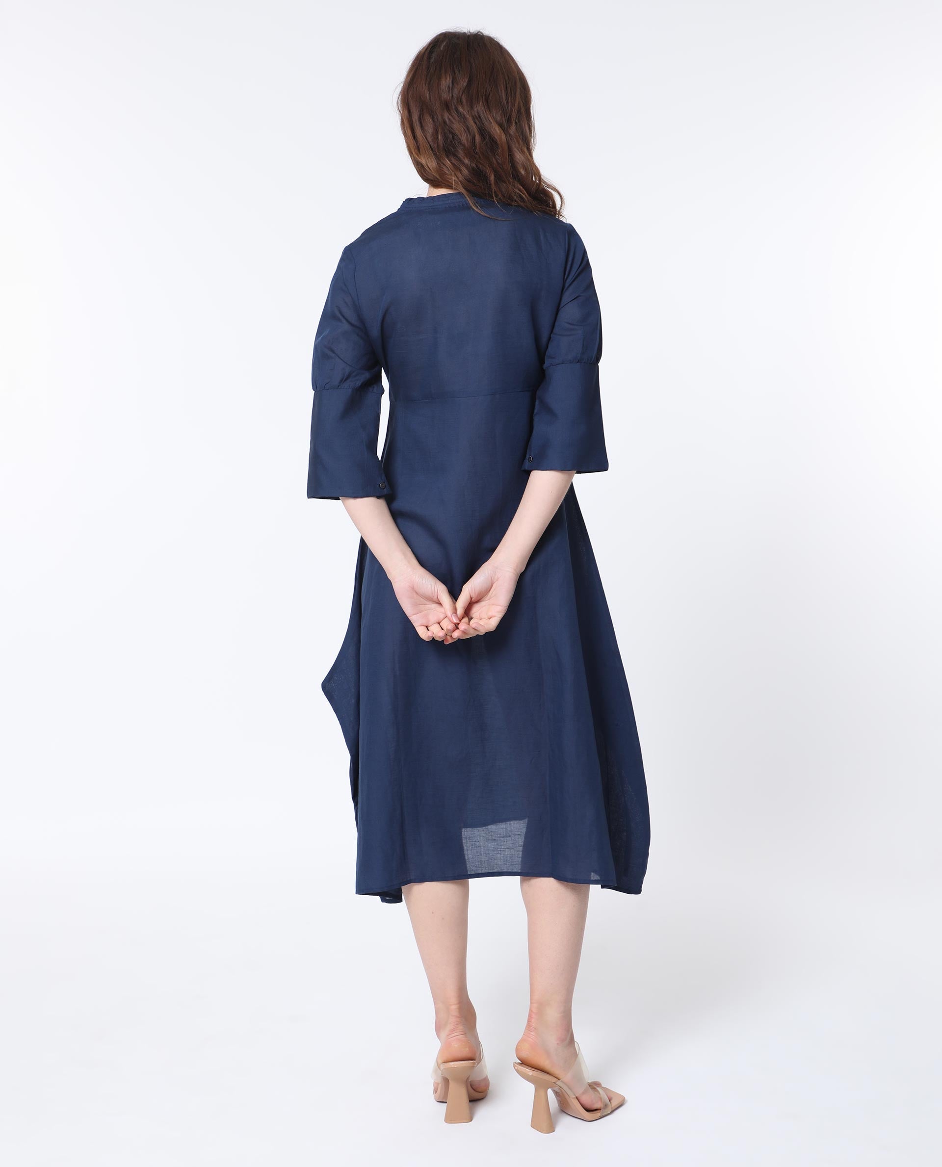 Rareism Women Krick Navy Modal Linen Fabric 3/4Th Sleeves V-Neck Relaxed Fit Plain Midi Asymmetric Dress