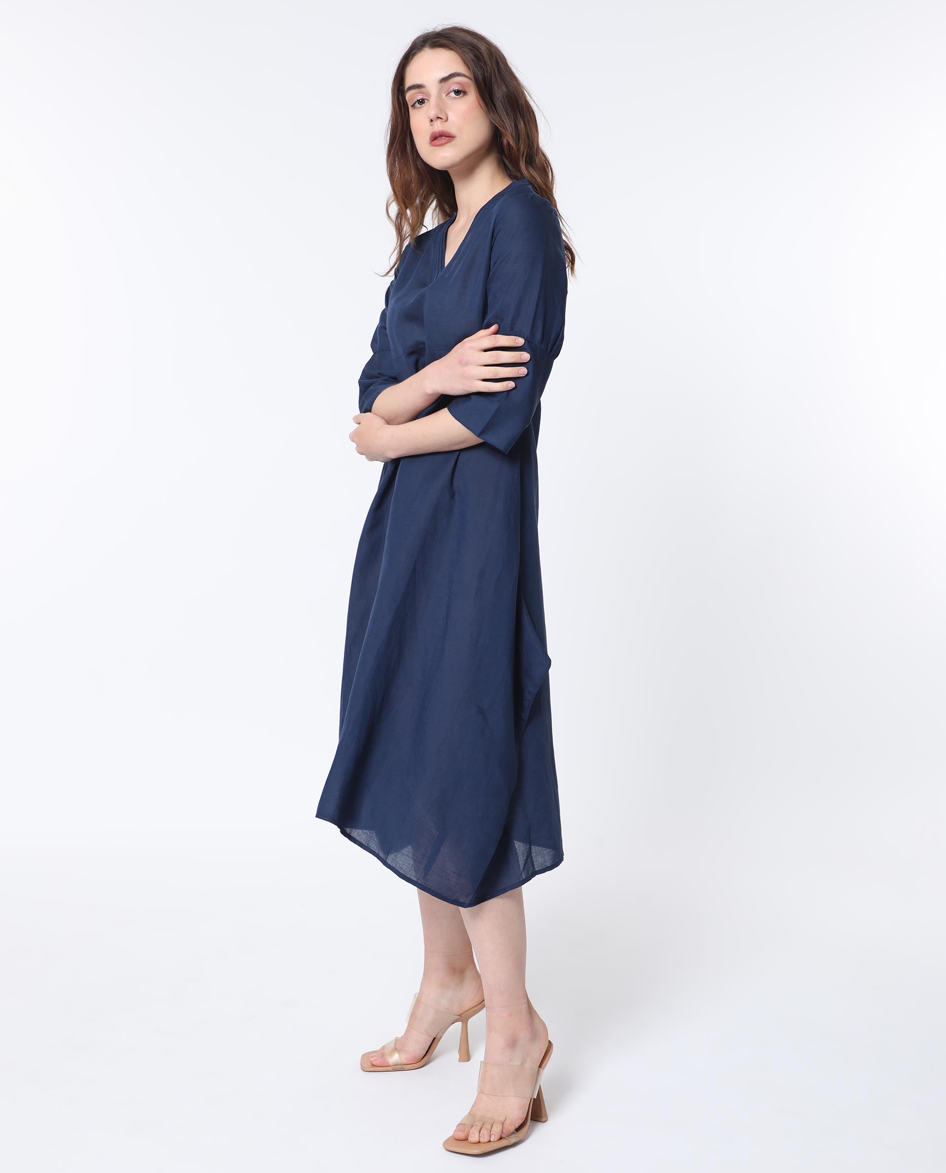 Rareism Women Krick Navy Modal Linen Fabric 3/4Th Sleeves V-Neck Relaxed Fit Plain Midi Asymmetric Dress