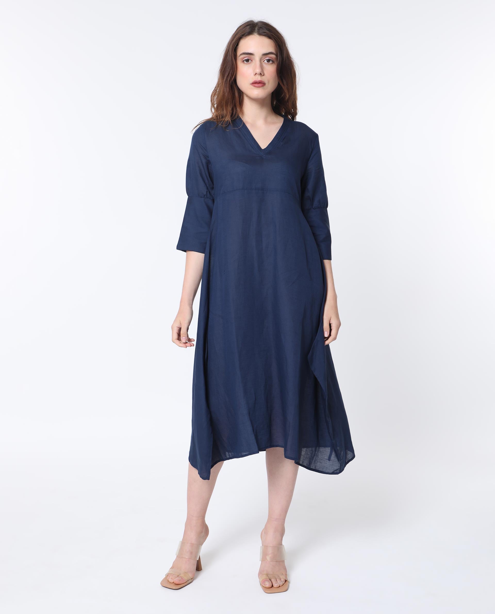 Rareism Women Krick Navy Modal Linen Fabric 3/4Th Sleeves V-Neck Relaxed Fit Plain Midi Asymmetric Dress