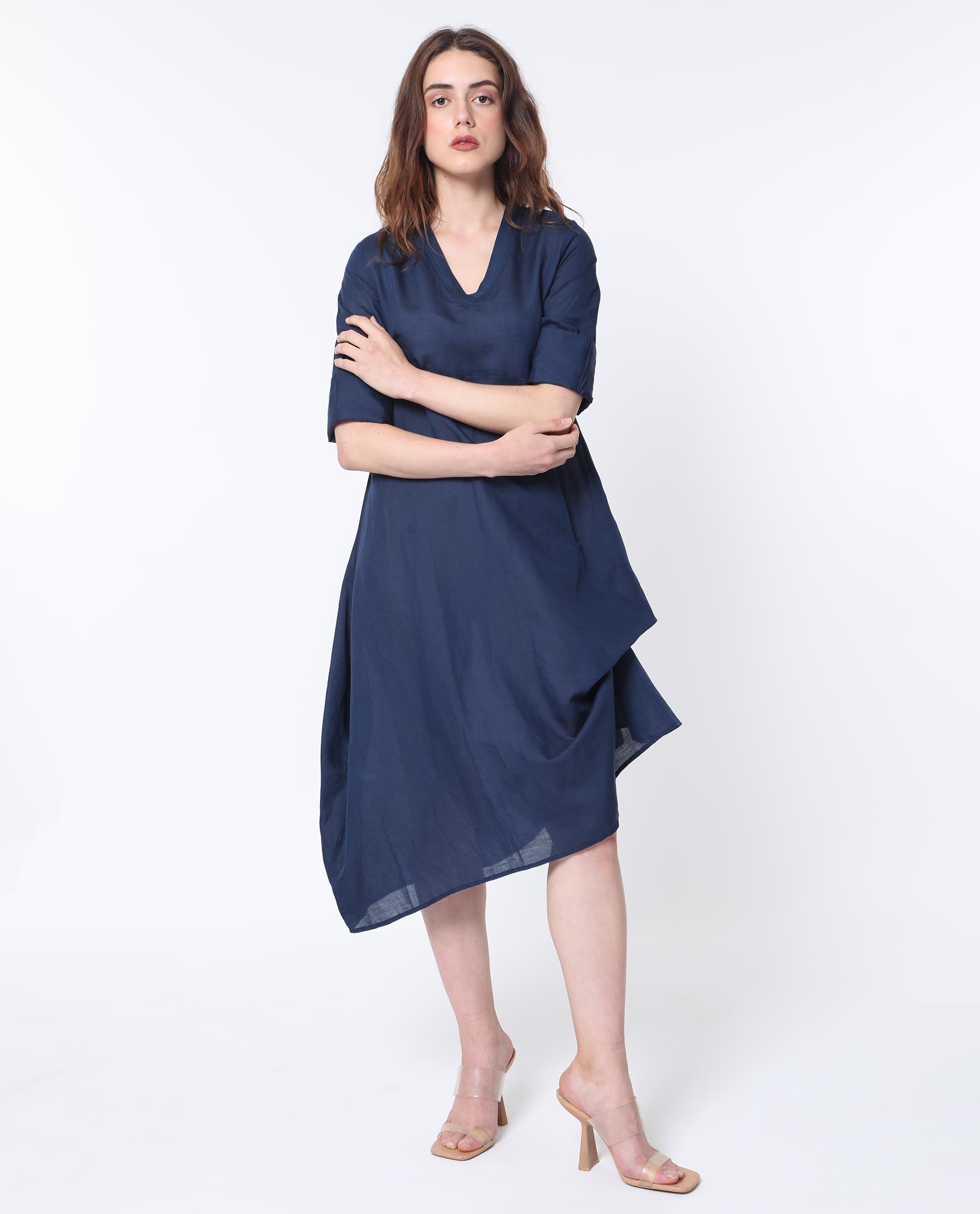 Rareism Women Krick Navy Modal Linen Fabric 3/4Th Sleeves V-Neck Relaxed Fit Plain Midi Asymmetric Dress