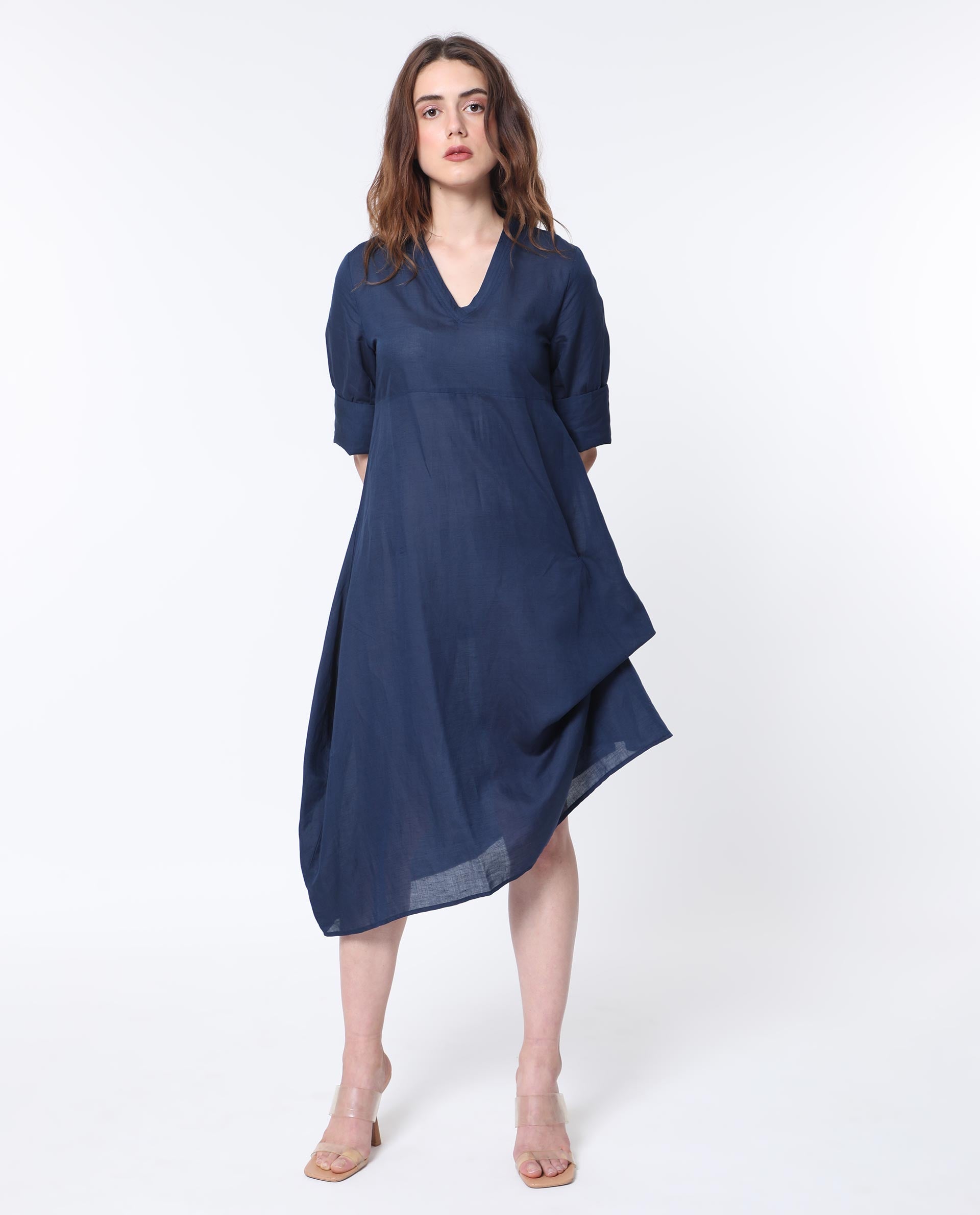 Rareism Women Krick Navy Modal Linen Fabric 3/4Th Sleeves V-Neck Relaxed Fit Plain Midi Asymmetric Dress