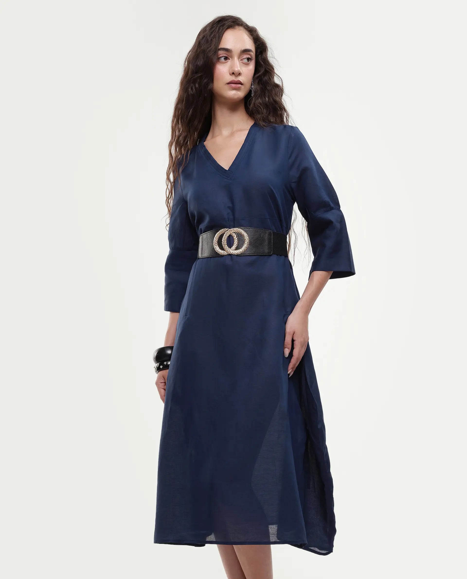 Rareism Women's Krick Navy Linen Blend V-Neck Plain Midi Relaxed Fit Dress
