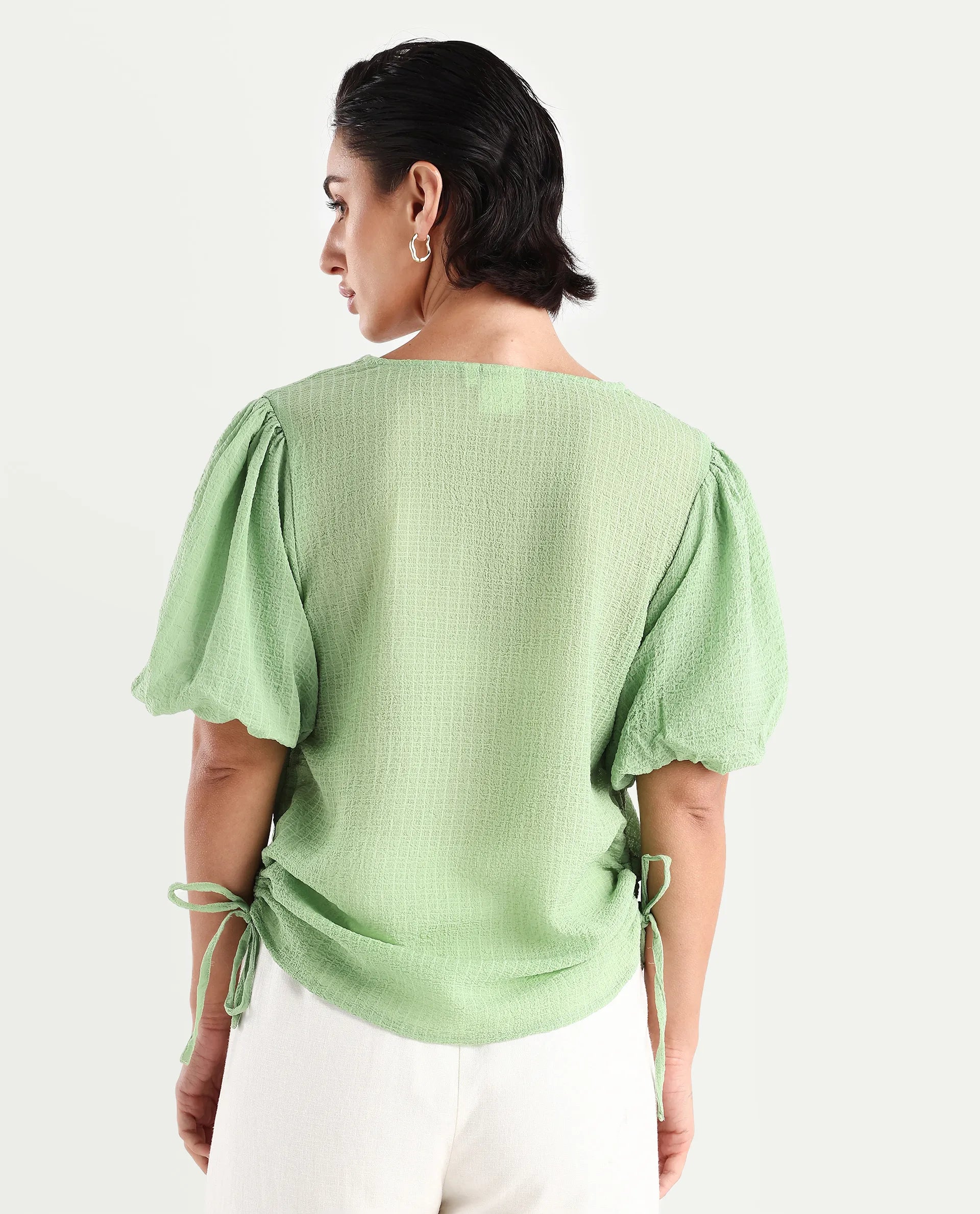 Rareism Women's Krien Light Green Polyester V-Neck Plain Balloon Sleeve Regular Fit Top