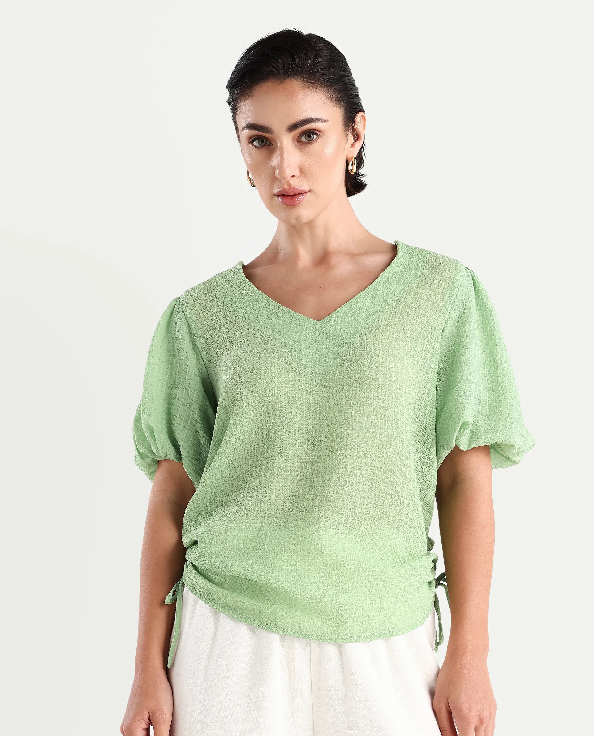 Rareism Women's Krien Light Green Polyester V-Neck Plain Balloon Sleeve Regular Fit Top