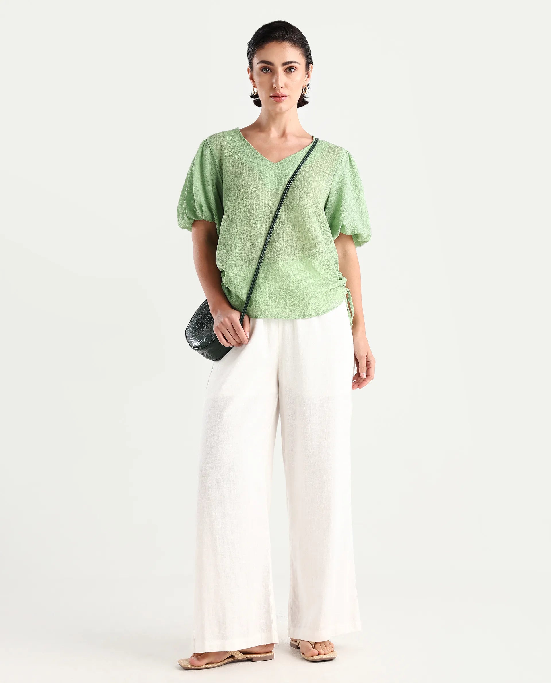 Rareism Women's Krien Light Green Polyester V-Neck Plain Balloon Sleeve Regular Fit Top