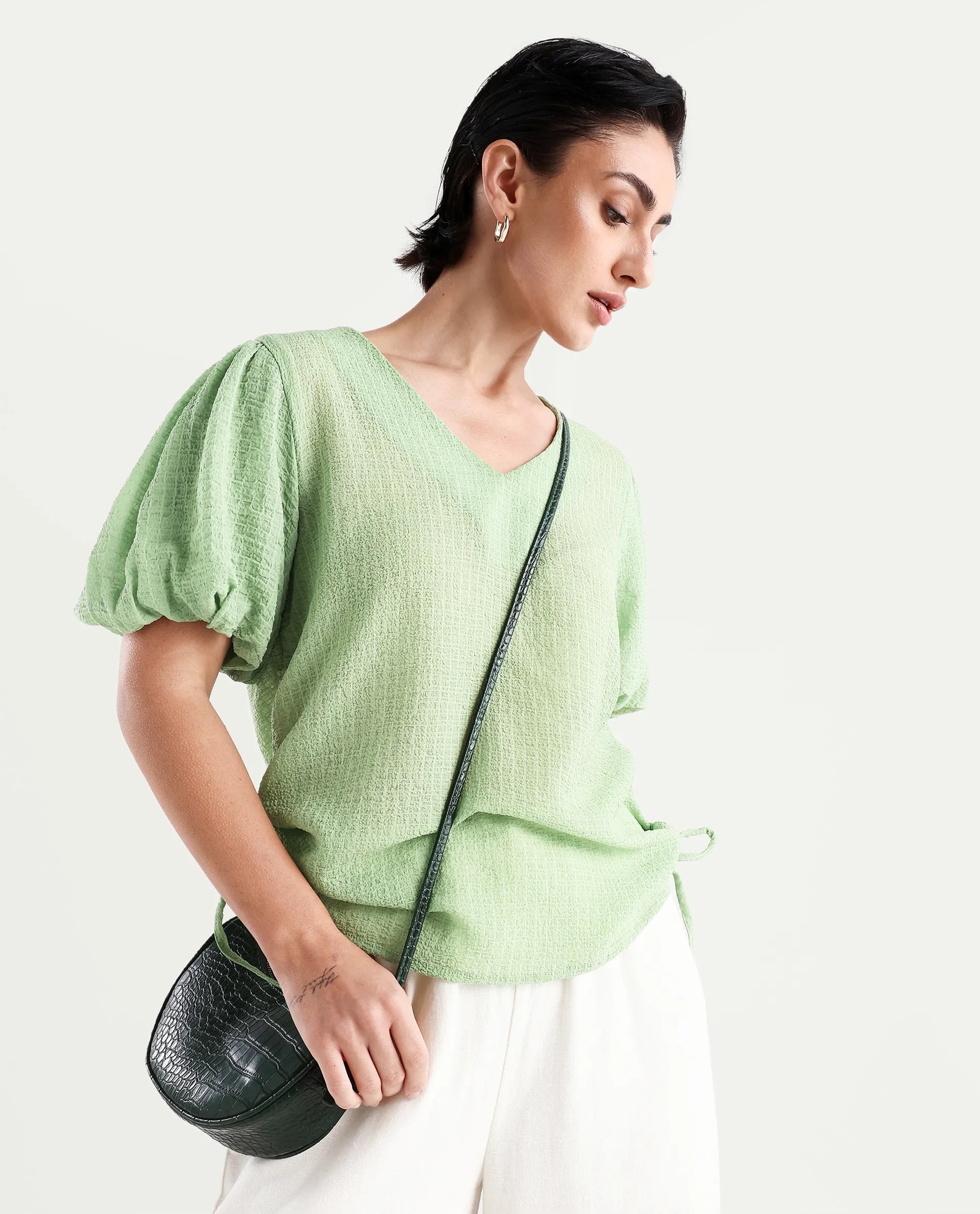 Rareism Women's Krien Light Green Polyester V-Neck Plain Balloon Sleeve Regular Fit Top