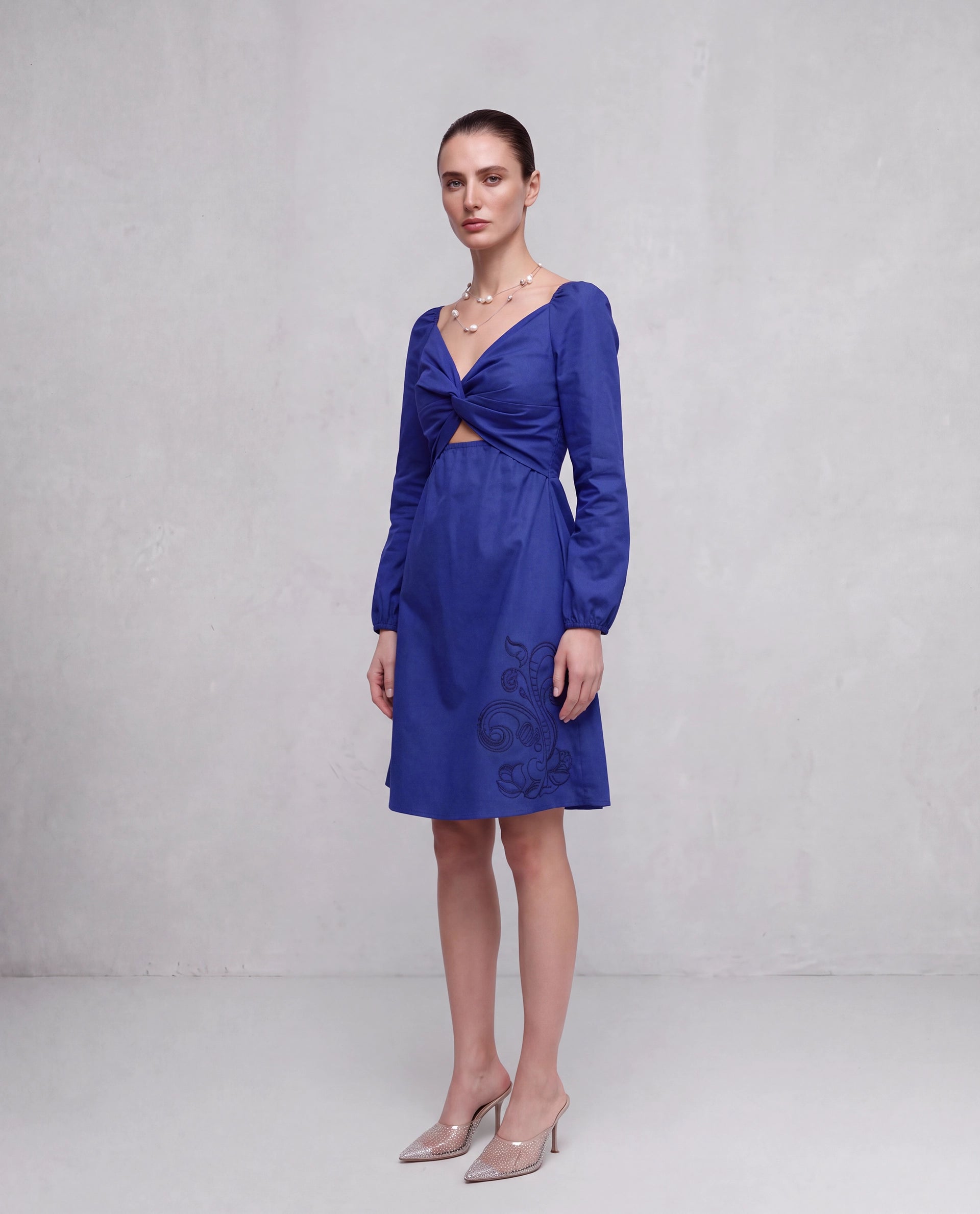Rareism Women's Krite Navy Cotton Fabric V-Neck Fit And Flare Embroidered Dress